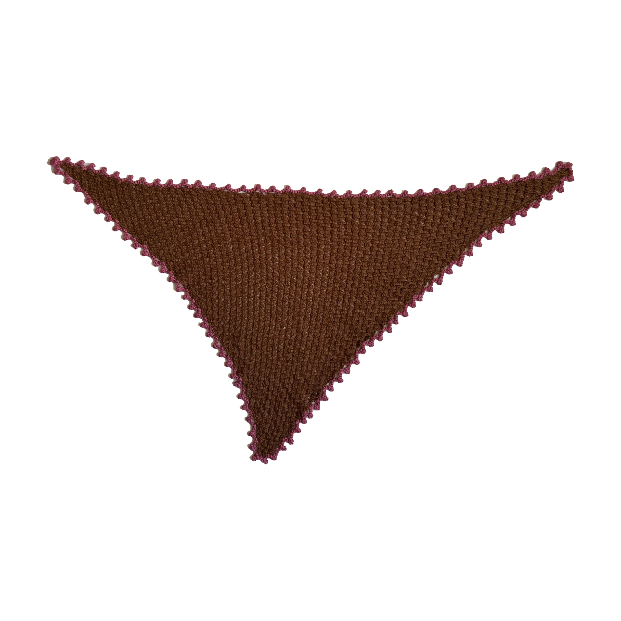 Studio Myr BAROQUE – Eleonora triangular lace scarf in hazel brown Merino wool with dusty rose Baby Alpaca picot edging and a crocheted button.