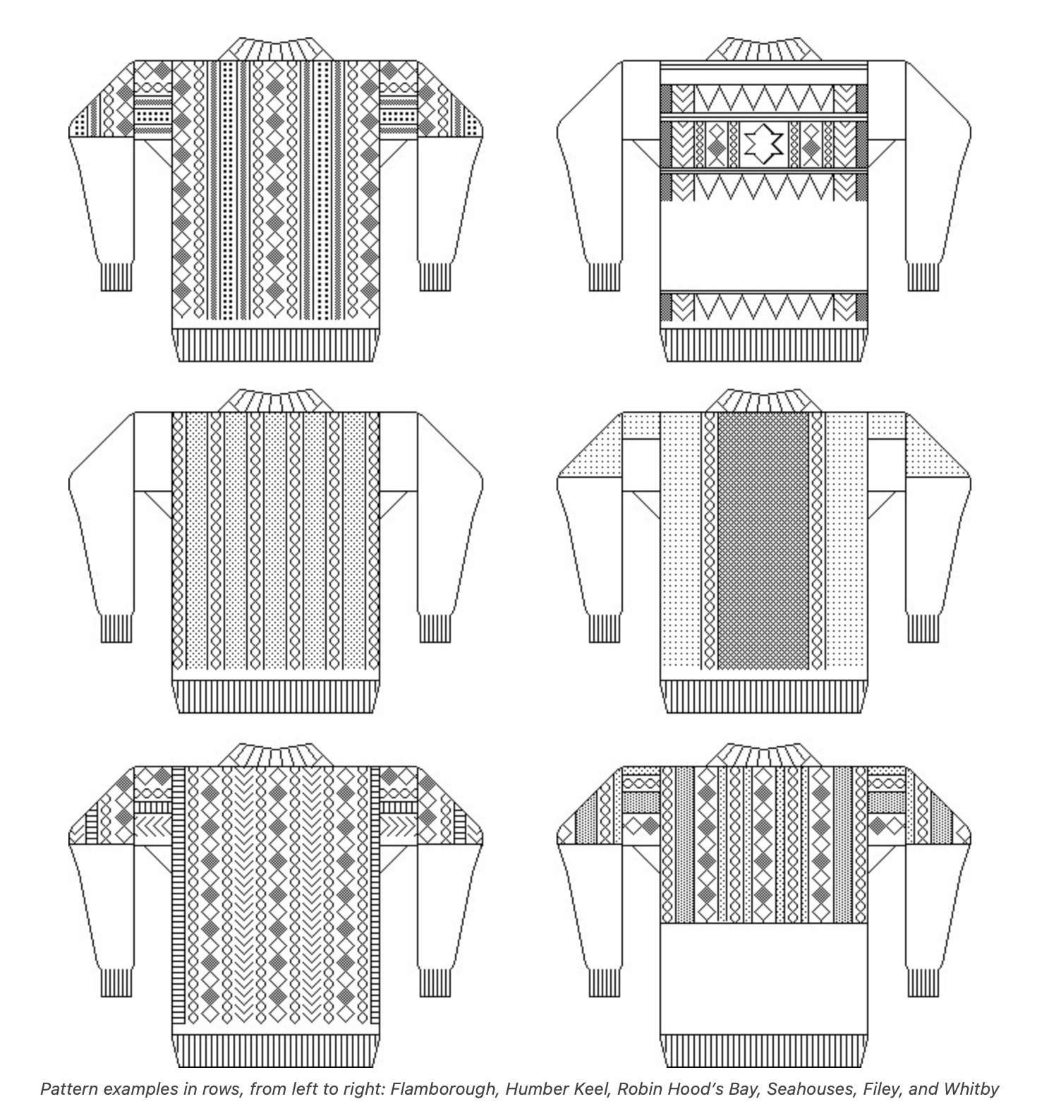 Graphic drawings of six different pattern examples of Guernsey jumpers