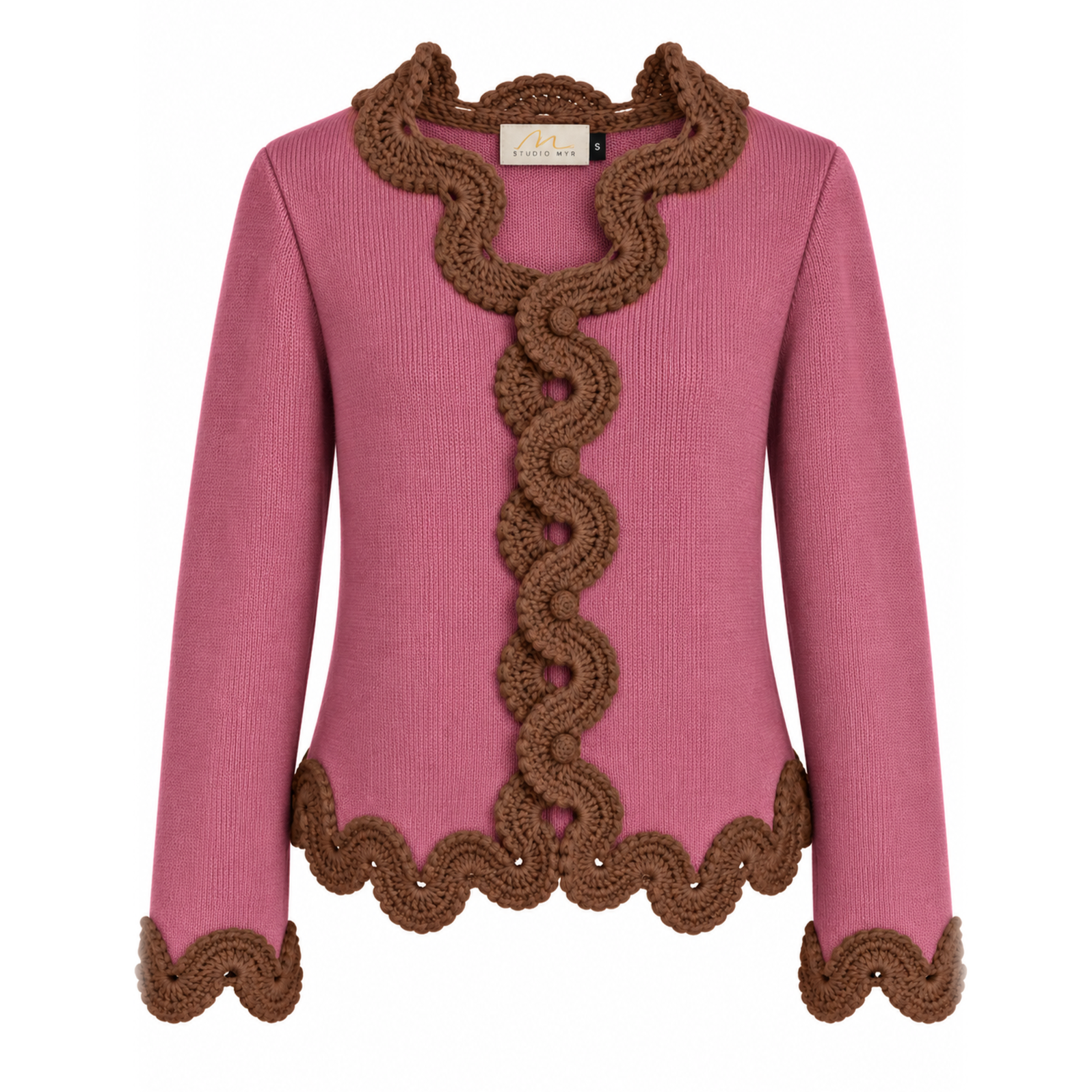 Front view of Studio Myr Eleonora Jacket in Dusty Rose Extra Fine Merino wool with Hazel Brown hand-crocheted Baby Alpaca lace and matching crochet buttons.