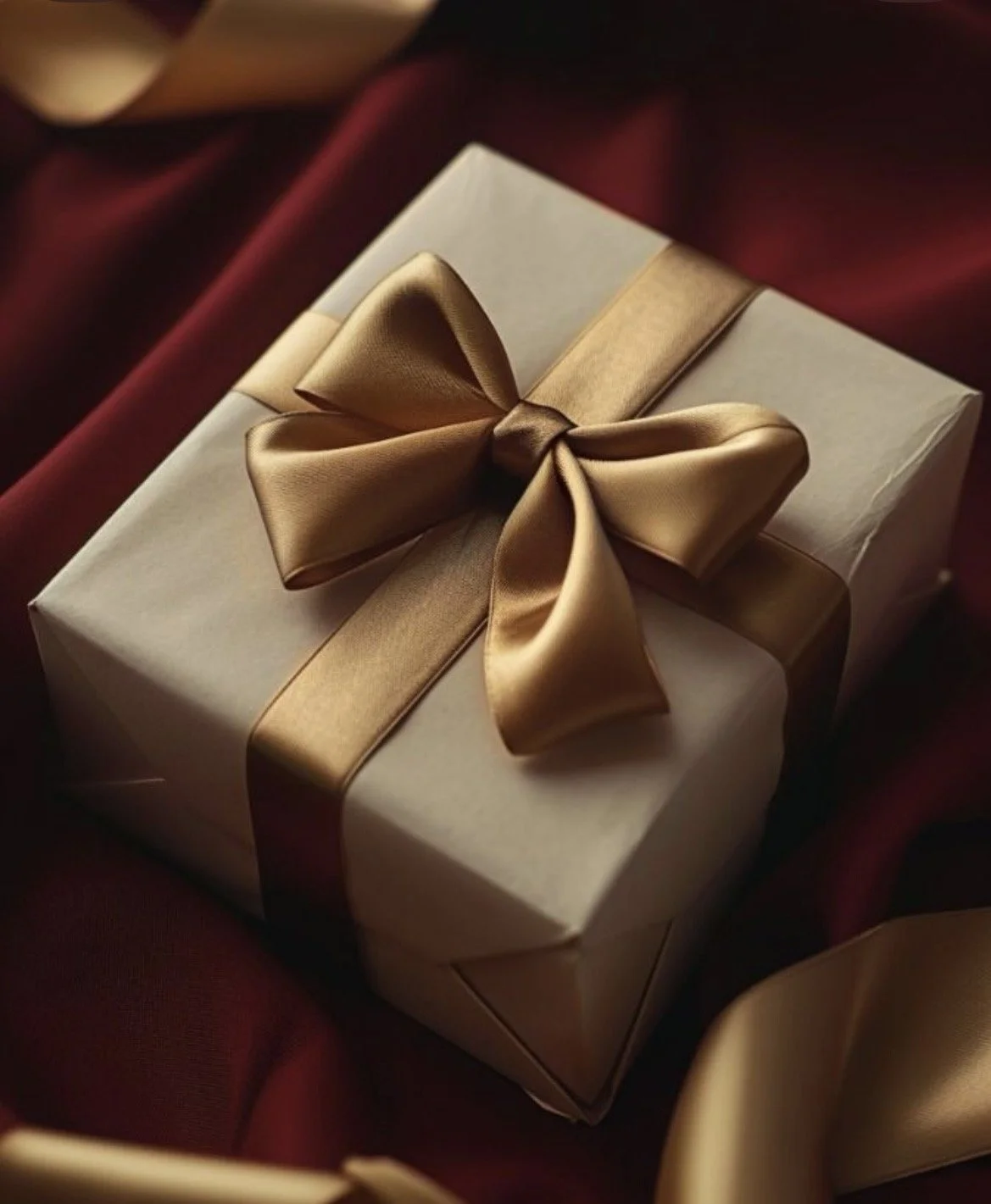 Luxury gift wrapped in cream paper with satin ribbon, reflecting Studio Myr’s refined craftsmanship and timeless knitwear gifts.