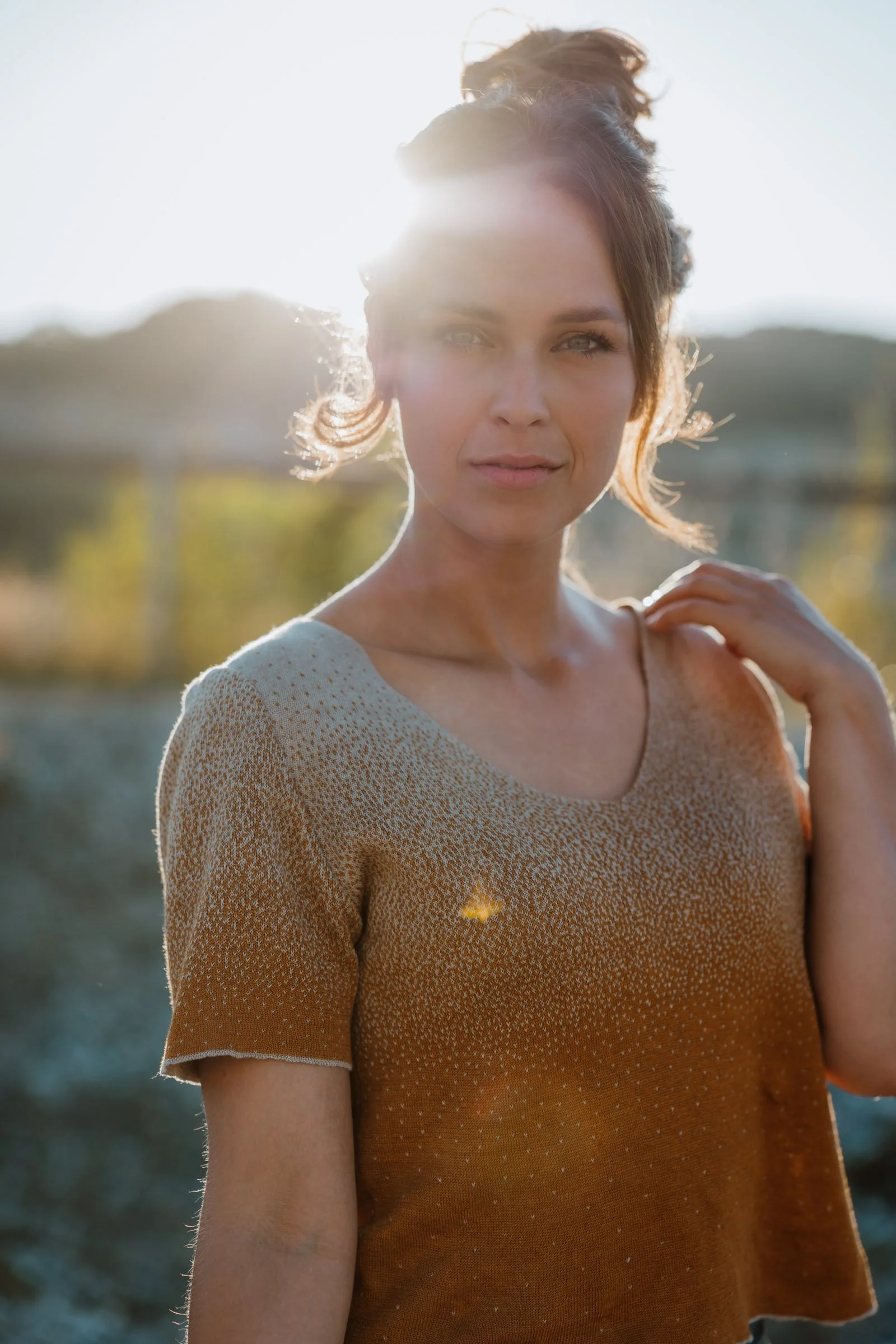 Studio Myr Bali gradient tee in greige and rust brown