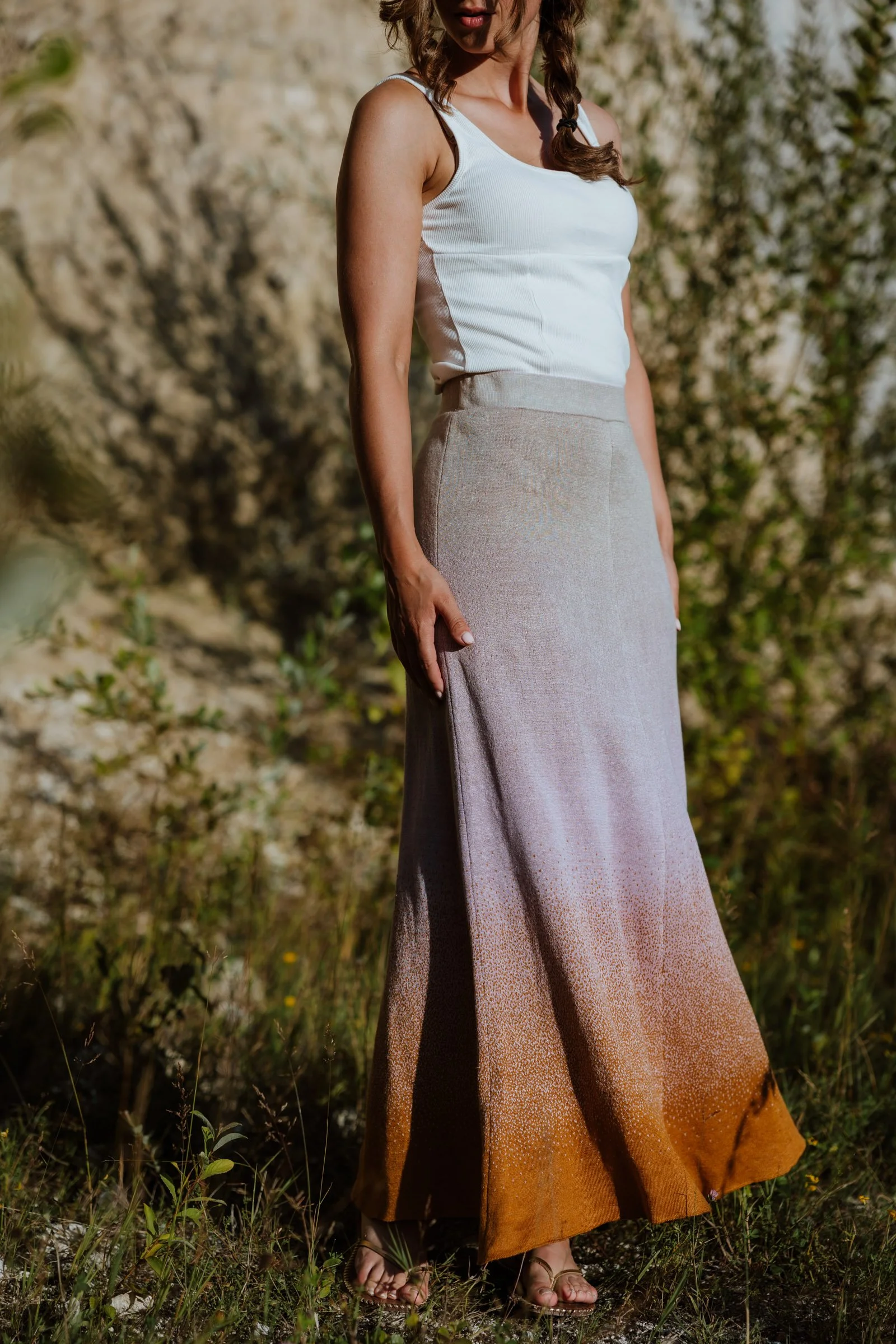 Studio Myr Bali gradient maxi skirt in greige and rust brown