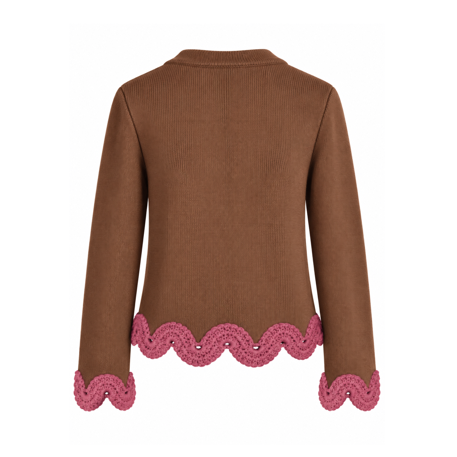 Back view of the Eleonora hazel brown merino wool jumper with dusty rose hand-crocheted baby alpaca scalloped lace edging.