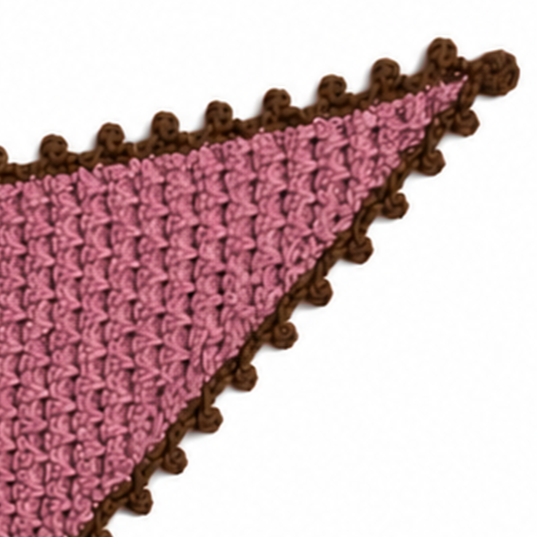 Studio Myr BAROQUE – Detail of the Eleonora scarf showing dusty rose knitted lace, hazel brown hand-crocheted picot edging and a crocheted button.