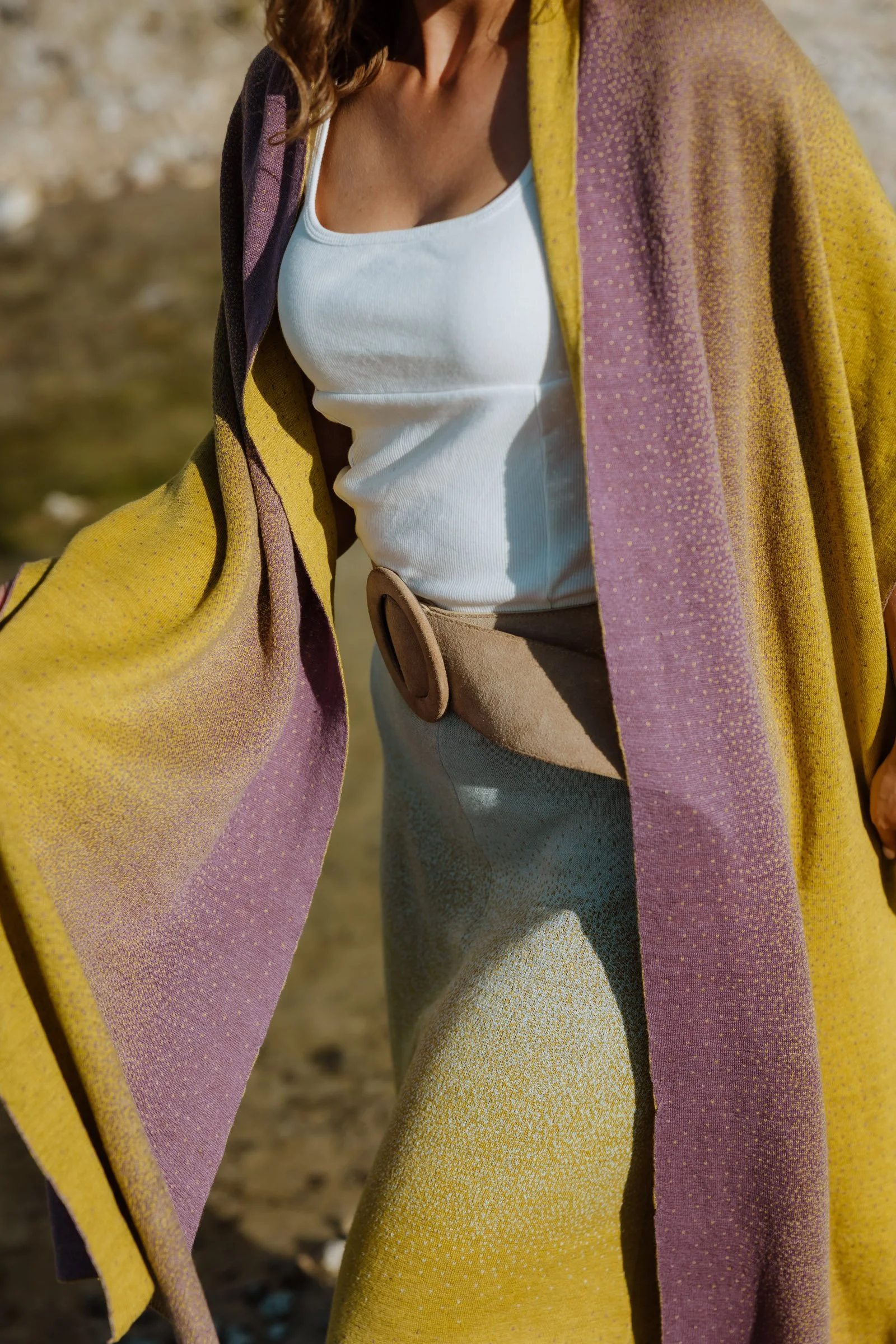 Detail of Ibiza gradient knit scarf and maxi skirt