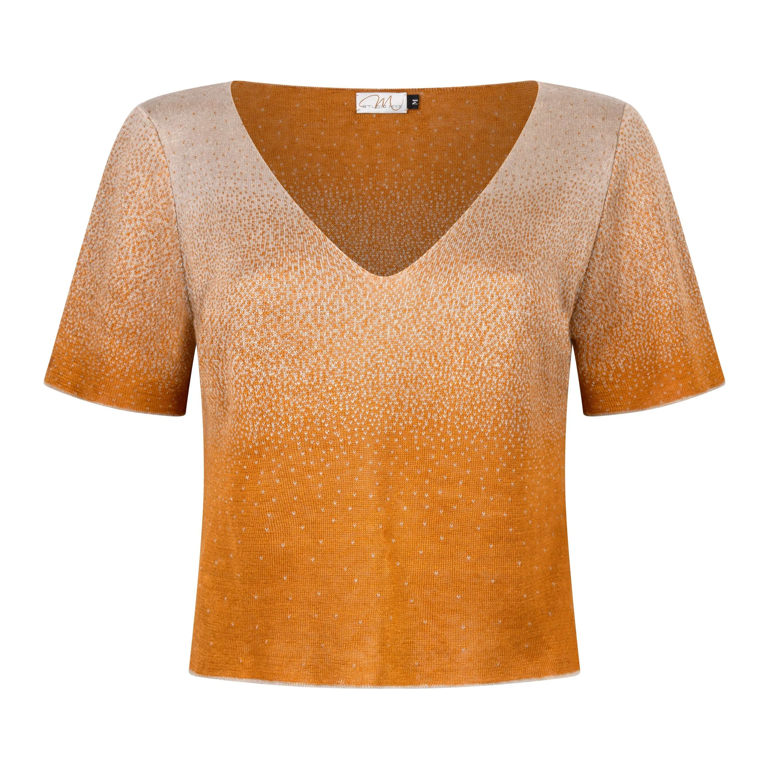 Front view of Sunset – Bali, a fine knit V-neck top featuring a harmonious gradient of soft ivory and warm amber with an effortless silhouette.