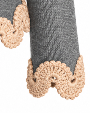Close-up of the Gabriella Jacket sleeve, highlighting the sculptural hand-crocheted beige Baby Alpaca lace cuff against fine grey Merino knit.