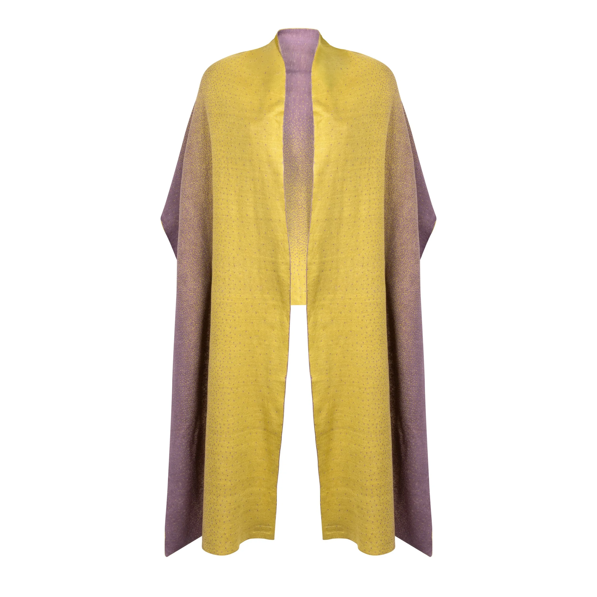 Sunset – Ibiza, a soft gradient knit wrap featuring luminous shades of radiant yellow and deep lilac, draped effortlessly over the shoulders.
