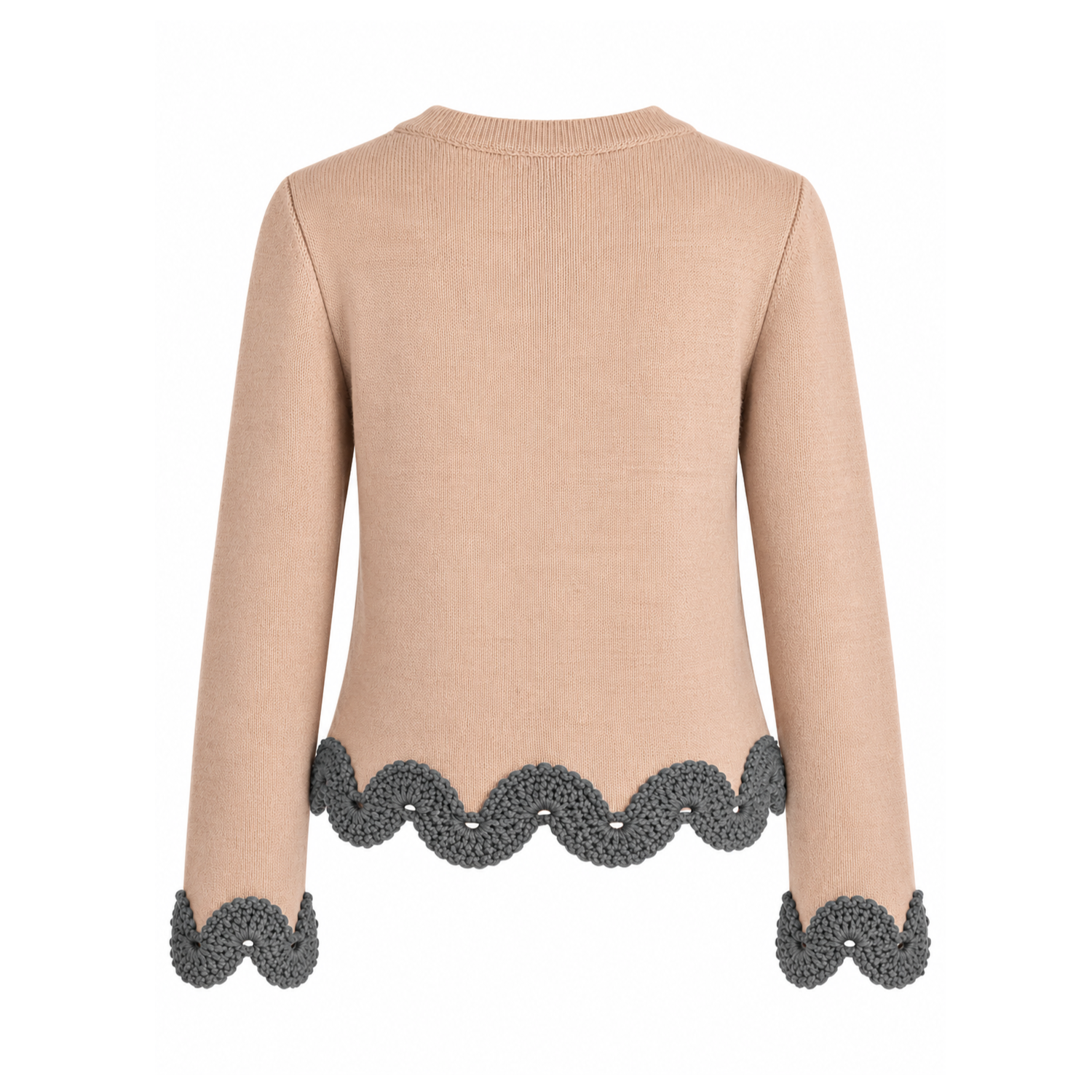 Back view of the Gabriella jumper in beige Extra Fine Merino wool with dark grey hand-crocheted Baby Alpaca lace trim along the hem and sleeve cuffs. Kopiëren
