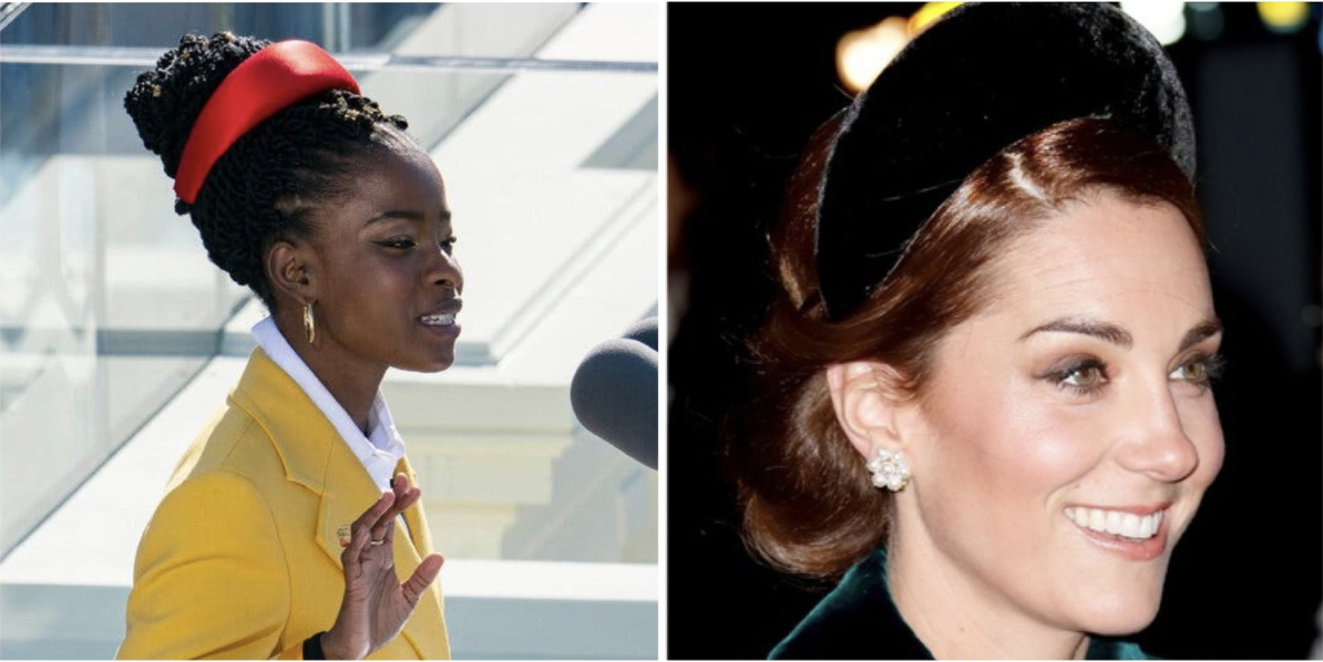 Amanda Gorman wearing a bold red sculptural headband during her 2021 inauguration performance alongside Princess Catherine in a velvet pillbox-style headband — two modern icons showcasing contemporary headband elegance.