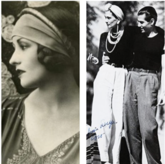 1920s and 1930s headband style inspiration — Left: woman wearing a Poiret headband circa 1923; Right: Coco Chanel wearing a wide headband circa 1930. Vintage fashion reference for Studio Myr’s timeless hair accessories.