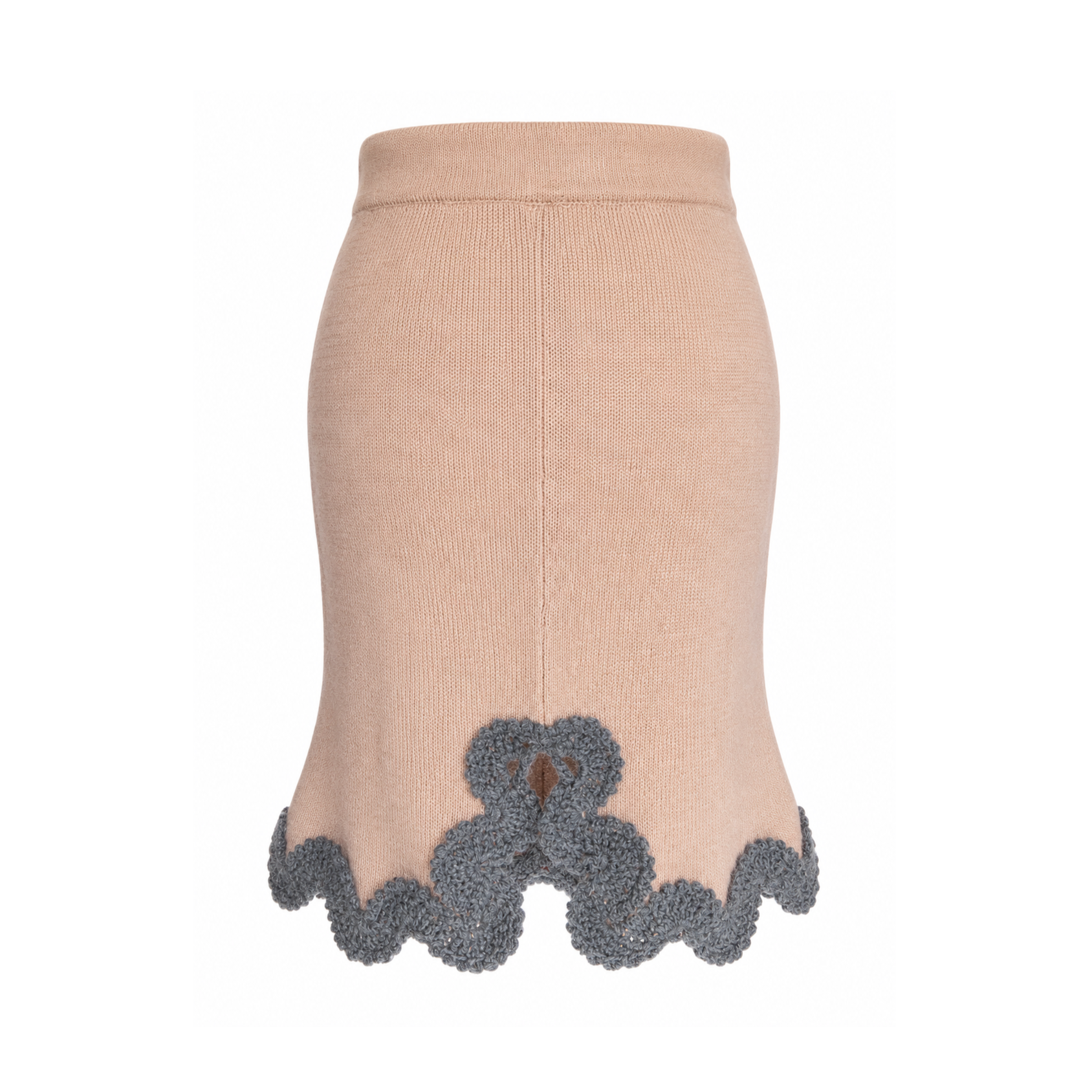 Back view of the Gabriella BAROQUE knitted skirt in Beige, featuring a decorative back slit embellished with intricate Grey hand-crocheted Baby Alpaca lace.