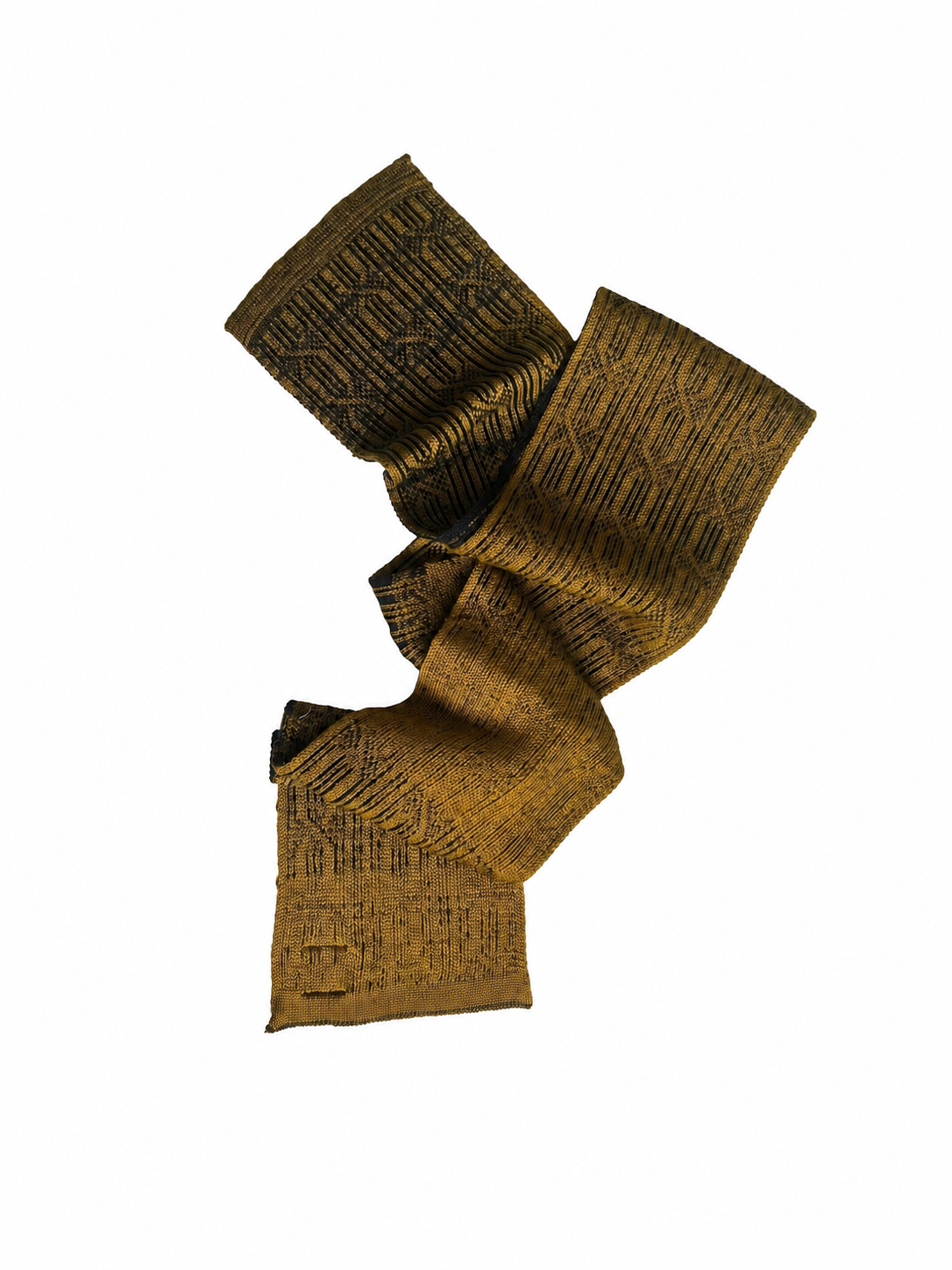 Wood scarf from the Elements collection, loosely draped in a graphic pattern of mustard and black.png