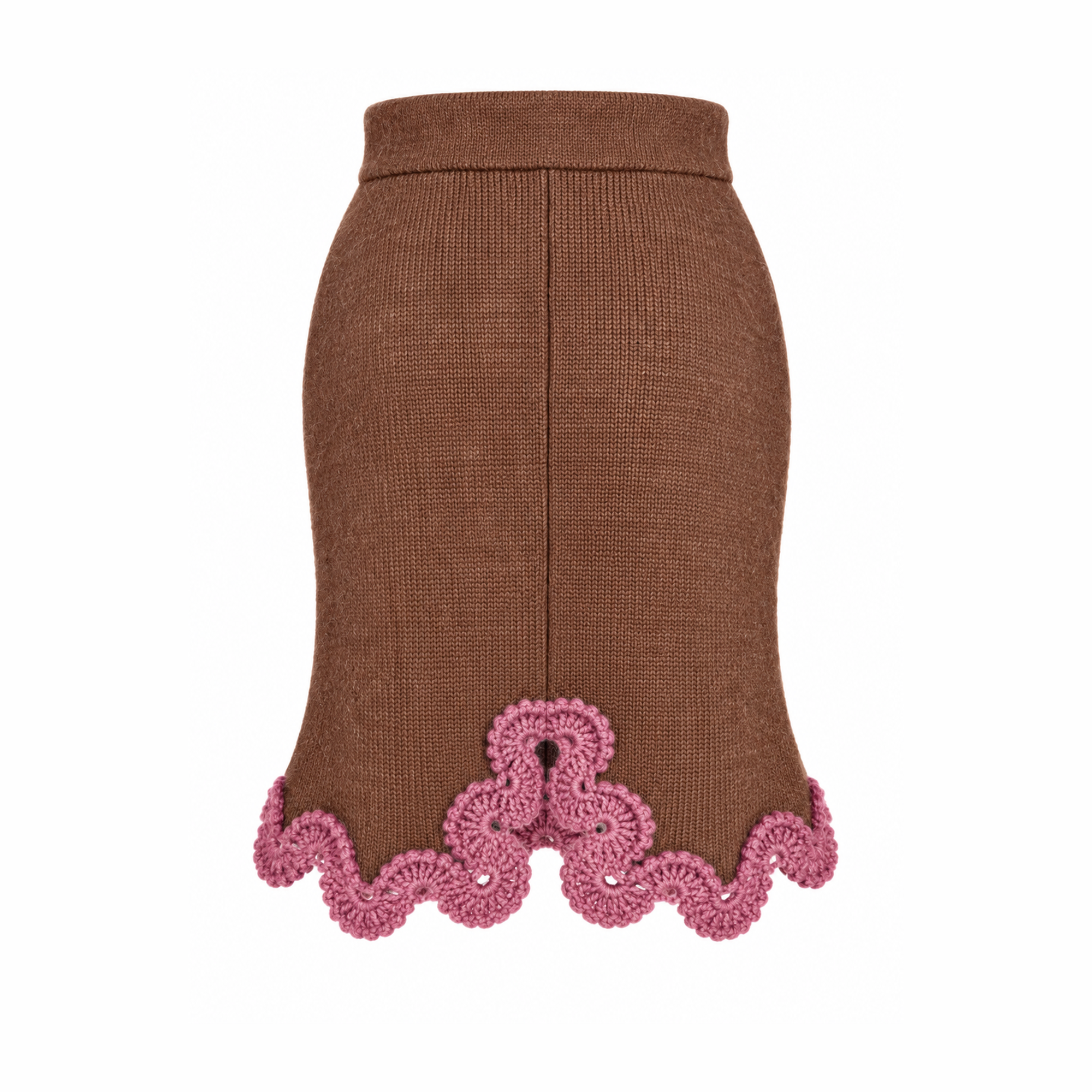 Studio Myr Eleonora Skirt, back view in Hazel Brown with Dusty Rose hand-crocheted lace edging and decorative crochet detail at the centre back slit.