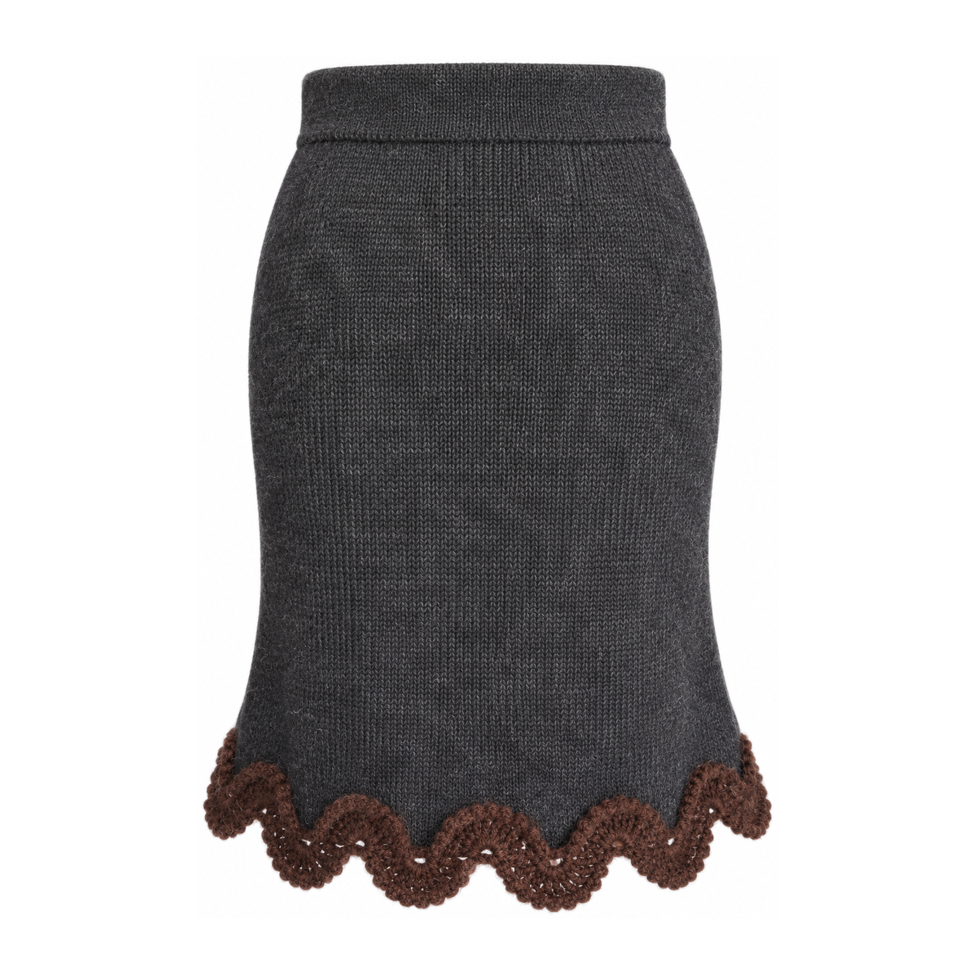 Front view of the Francisca BAROQUE knitted skirt by Studio Myr in Anthracite Grey Extra Fine Merino Wool, featuring a Chocolate Brown hand-crocheted Baby Alpaca lace hem and elasticated waistband.