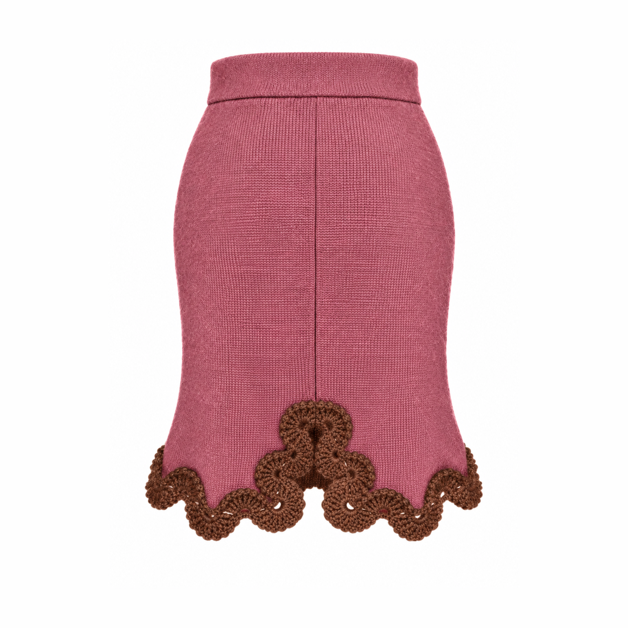 Studio Myr Eleonora Skirt, back view in Dusty Rose with Hazel Brown hand-crocheted lace edging and decorative crochet detail at the centre back slit.