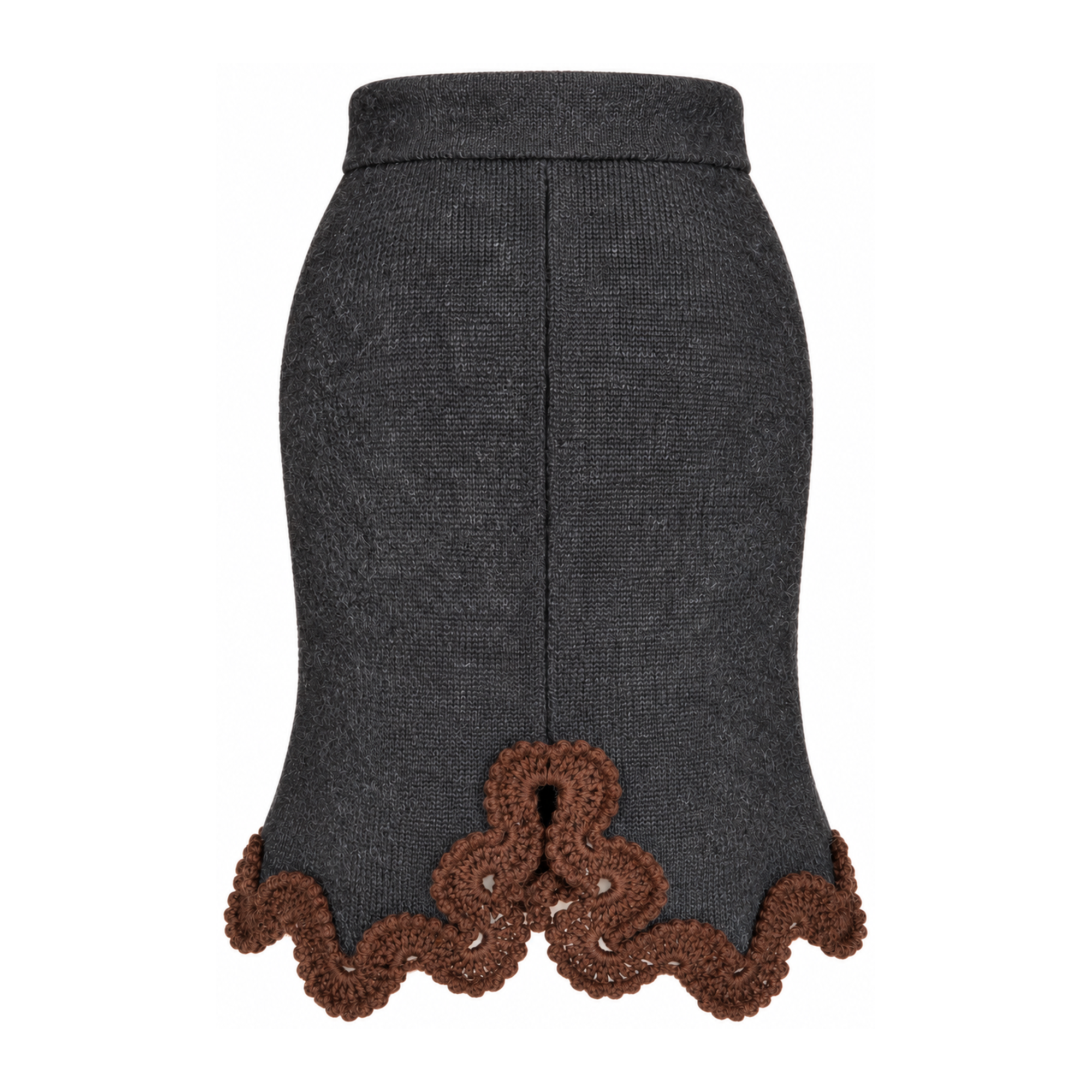 Back view of the Francisca BAROQUE skirt in Anthracite Grey, featuring a decorative back slit embellished with intricate Chocolate Brown hand-crocheted Baby Alpaca lace