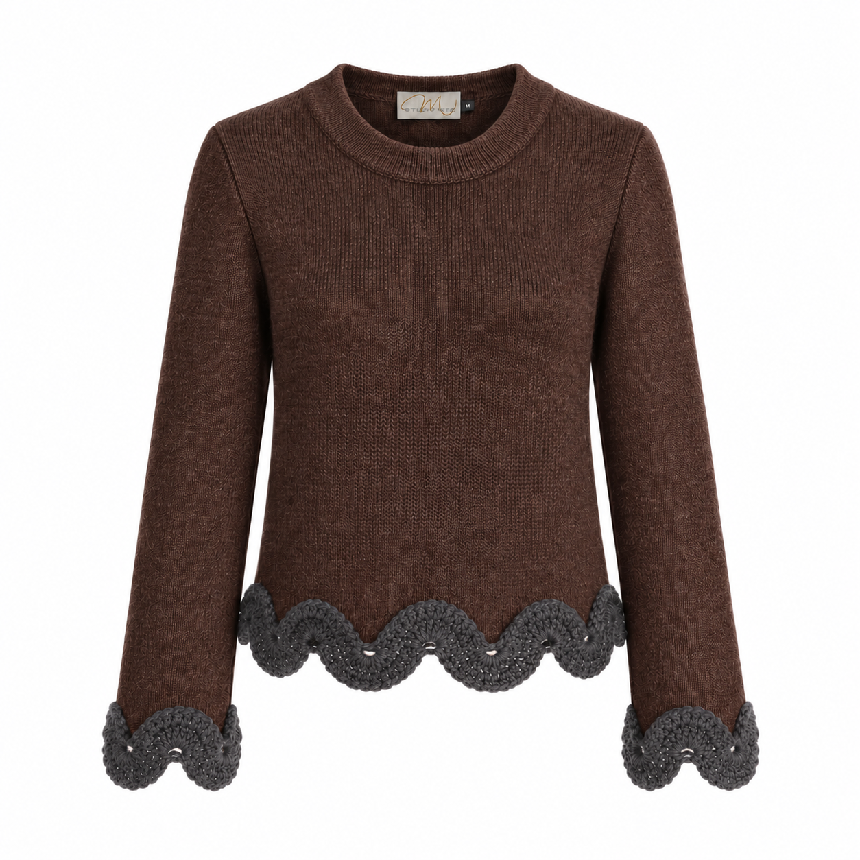 Chocolate brown Extra Fine Merino wool jumper with contrasting charcoal grey hand-crocheted Baby Alpaca lace trim at the hem and cuffs, front view.