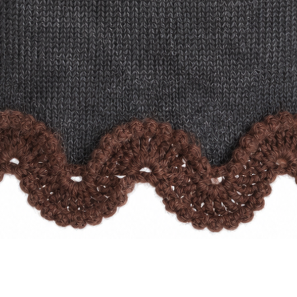 Close-up of the Francisca BAROQUE skirt's scalloped Chocolate Brown Baby Alpaca crochet edging, highlighting the delicate handmade stitches and soft texture against the Anthracite Grey Merino knit.