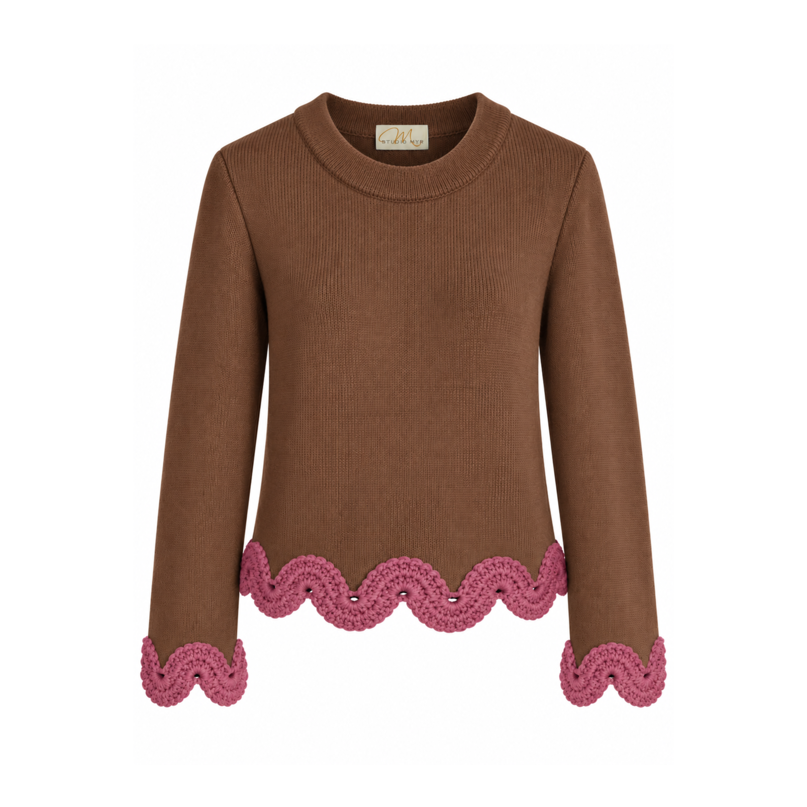 Eleonora merino wool jumper in hazel brown with dusty rose hand-crocheted baby alpaca lace trim at the hem and cuffs, front view.