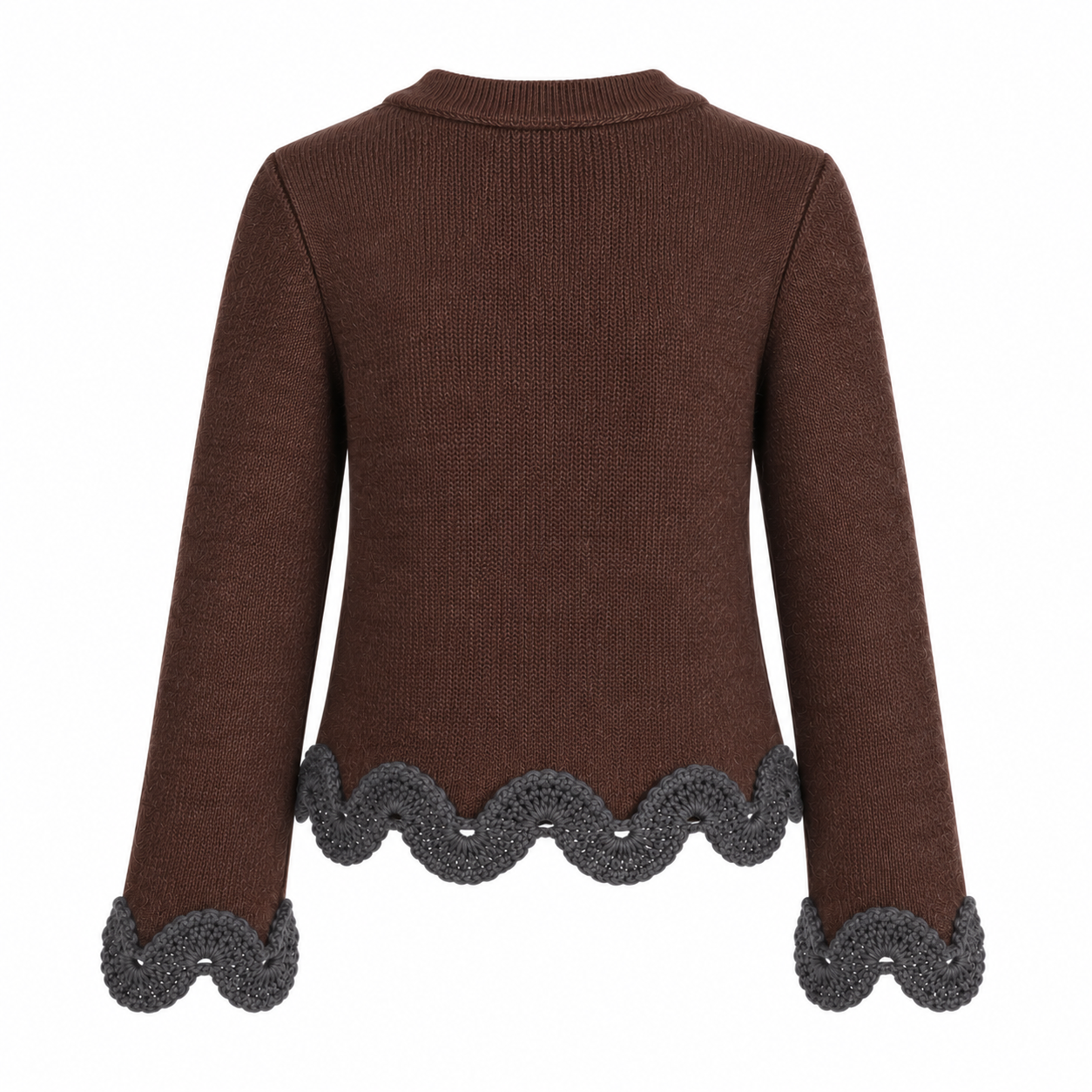 Back view of the Francisca jumper in chocolate brown Extra Fine Merino wool with charcoal grey hand-crocheted Baby Alpaca scalloped edging.
