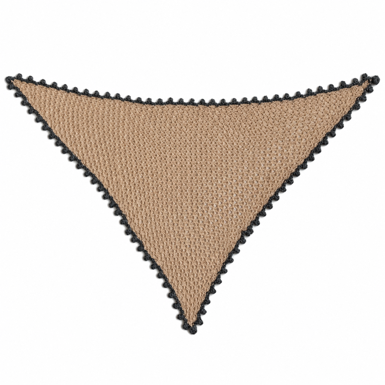 Gabriella triangular scarf from Studio Myr's BAROQUE collection, featuring beige Extra Fine Merino knit with a hand-crocheted grey Baby Alpaca picot edging.