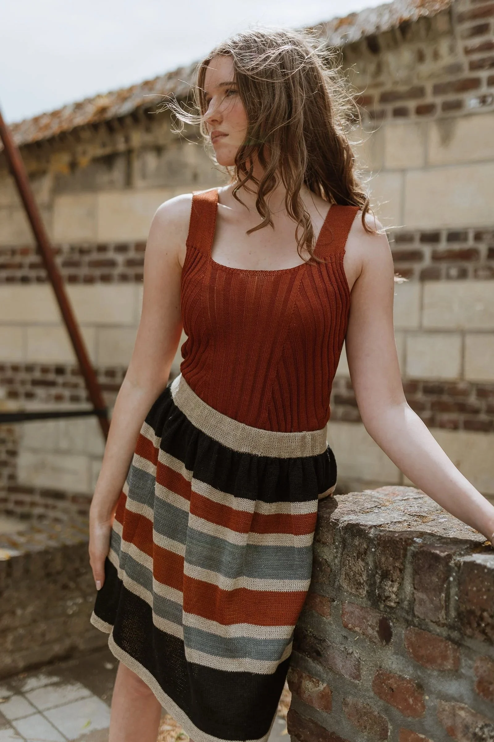 Multi Colour Striped Linen Blend Swirly Knee Length Skirt in Natural Colours on Model