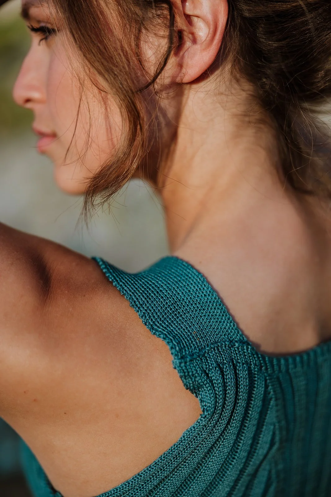 Detail elegant square-neck tank top in mercerised cotton by Studio Myr. Teal blue rib knit, silky soft, breathable & timelessly chic. Handmade in Holland.