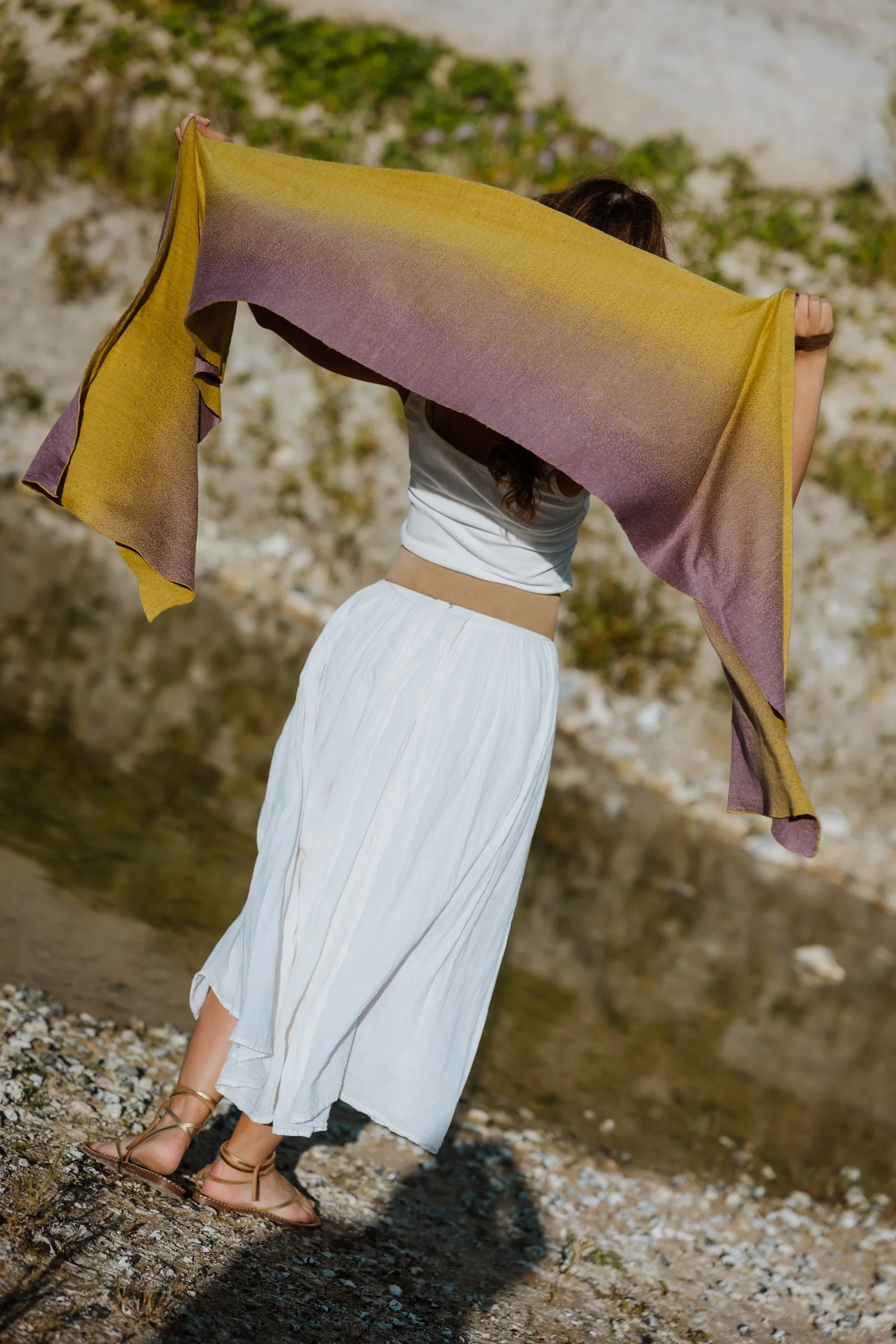 Ibiza double knit cotton scarf in lilac and lime tones