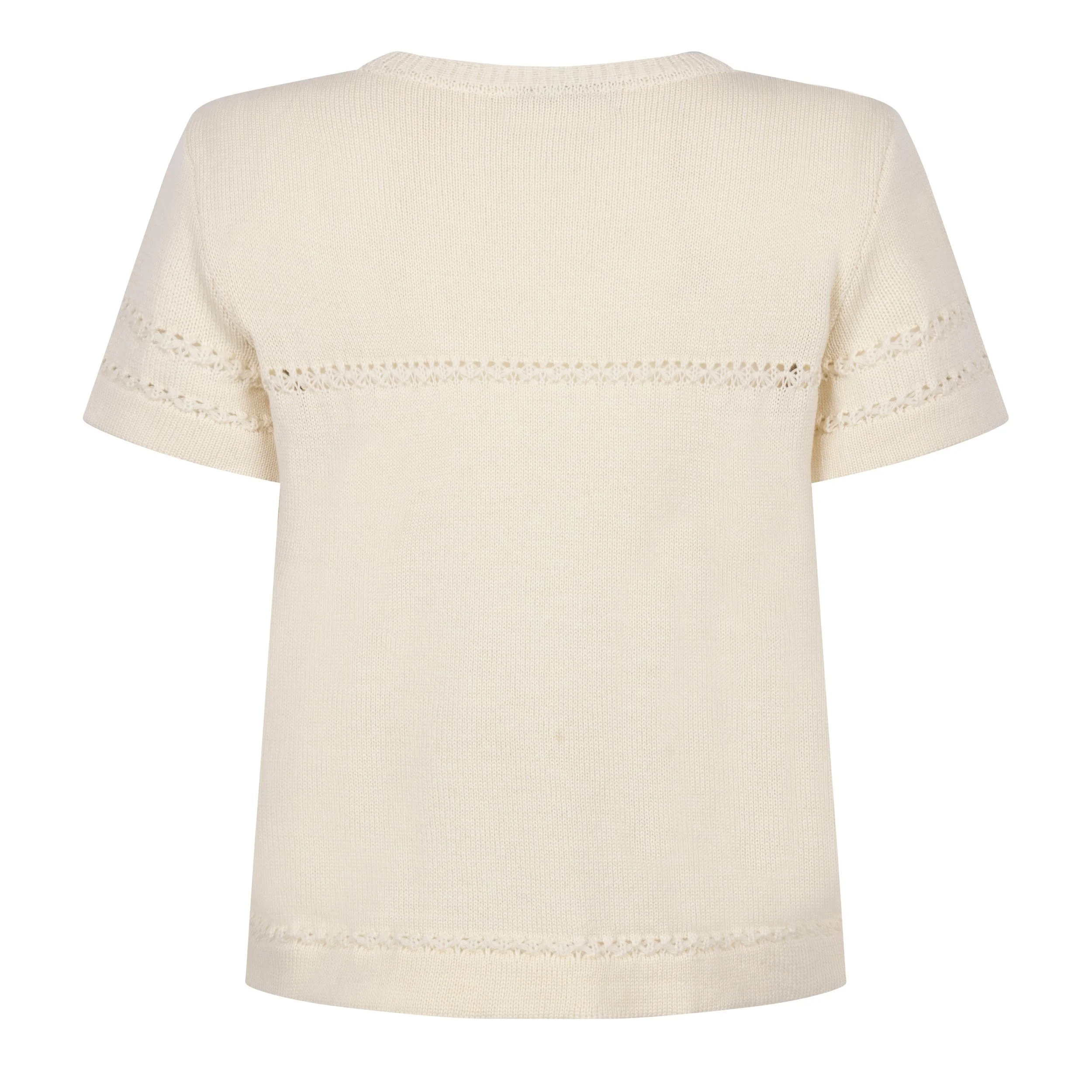 Back view of Sweety – Pearl, showcasing the soft Merino knit, subtle lace-knit accents and relaxed, timeless design.