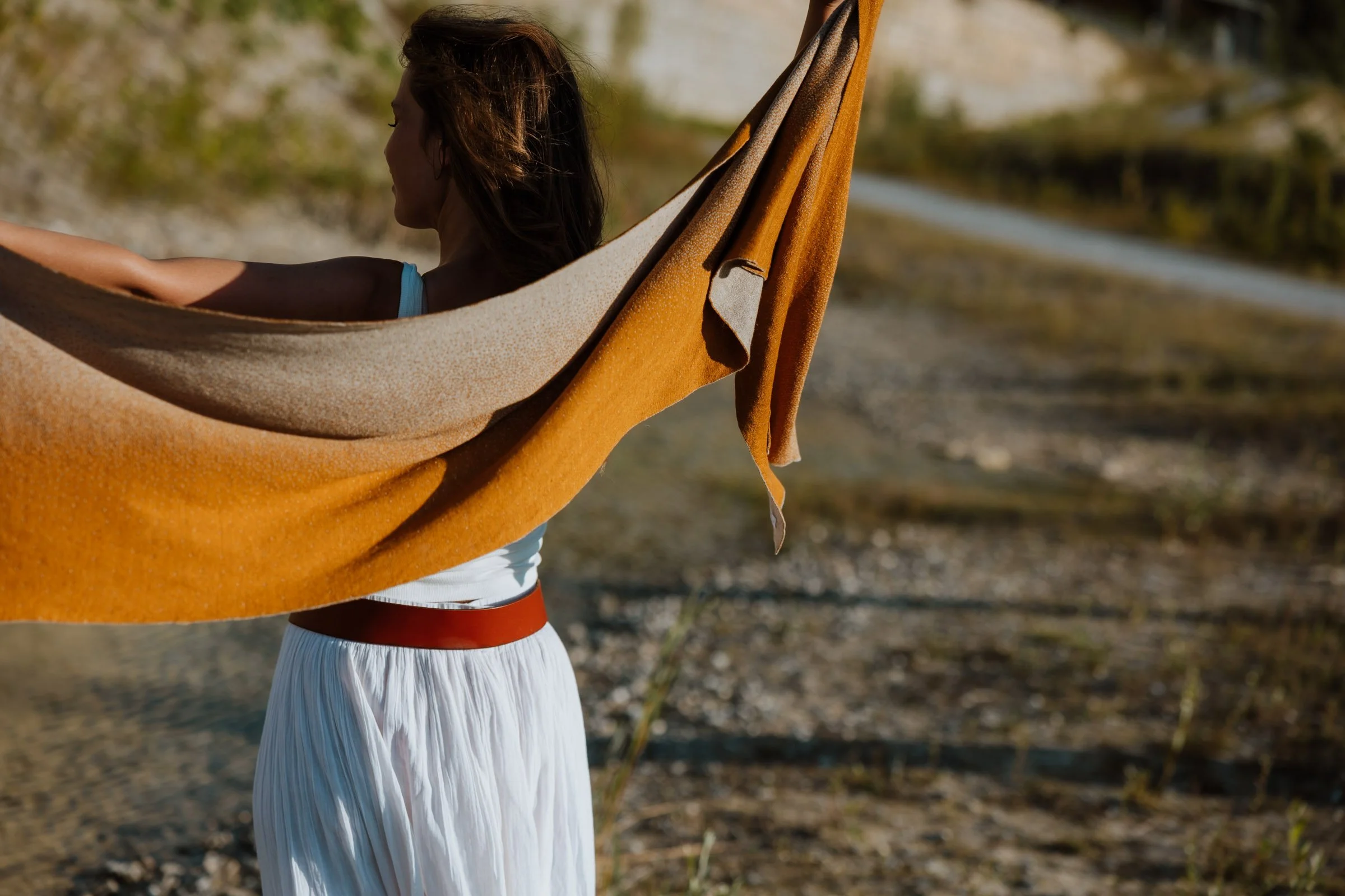 Studio Myr Bali gradient scarf in greige and rust brown