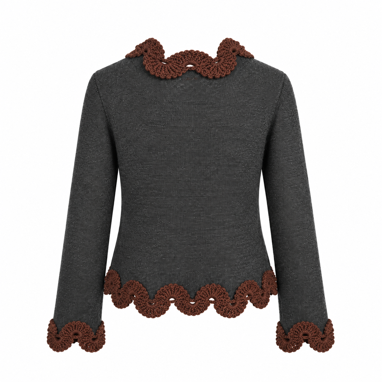 Studio Myr BAROQUE – Back view of the Francisca jacket in charcoal grey Merino wool with chocolate brown crochet lace at the collar, cuffs and hem