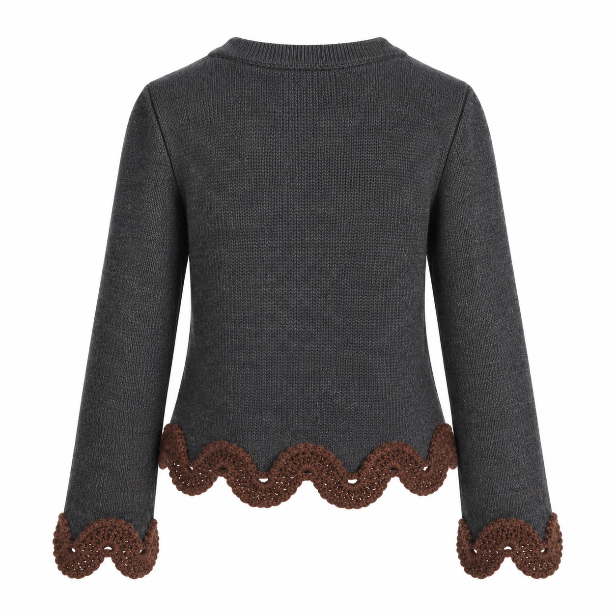 Back view of the Francisca jumper in charcoal grey Extra Fine Merino wool, finished with chocolate brown hand-crocheted Baby Alpaca scalloped lace.