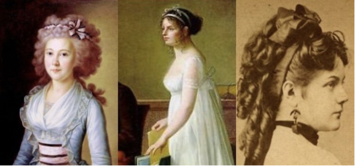 Historical portraits of women from the 18th and 19th century wearing decorative headbands, illustrating the evolution of hair adornments in European fashion — inspiration for Studio Myr’s textile headband designs.”