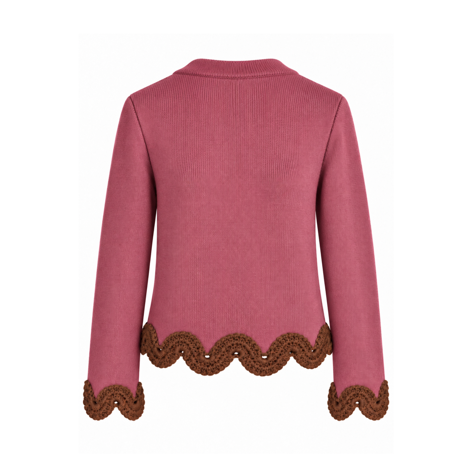 Back view of the Eleonora dusty rose merino wool jumper with hazel brown hand-crocheted baby alpaca lace edging.