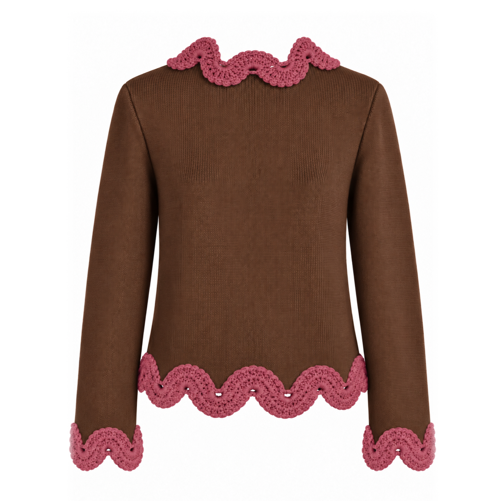 Back view of Eleonora Jacket in Hazel Brown knitted Merino wool, finished with Dusty Rose hand-crocheted Baby Alpaca lace at the neckline, hem and cuffs.
