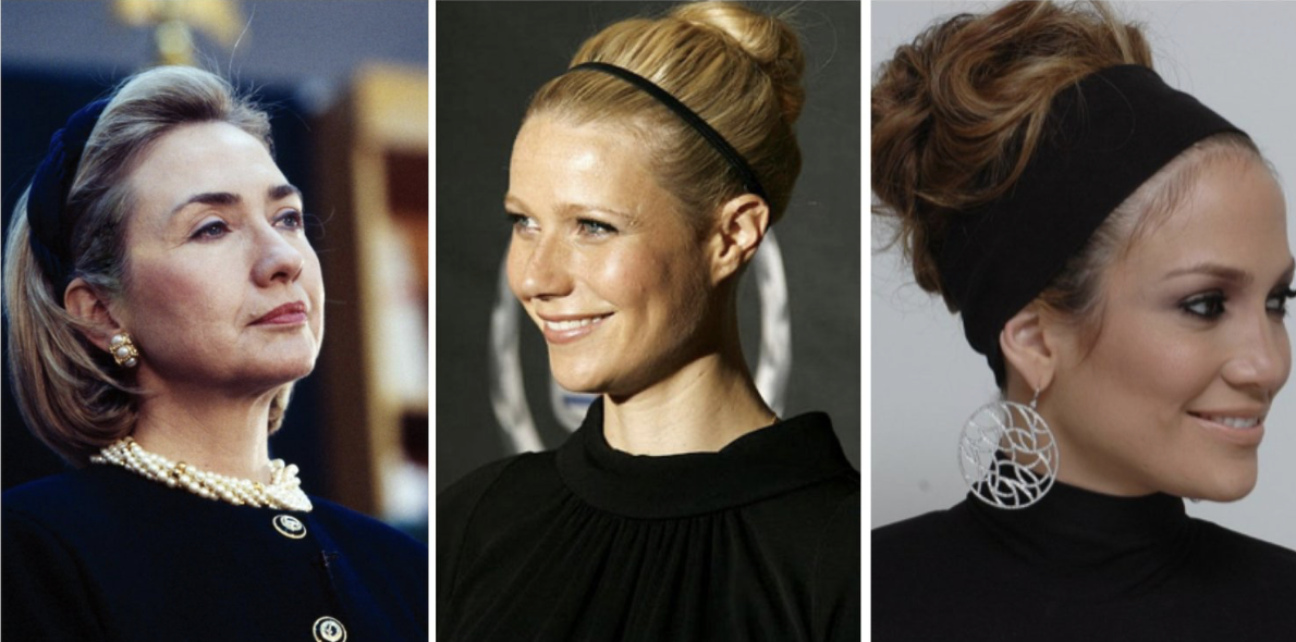 Portraits of Hilary Clinton, Gwyneth Paltrow and Jennifer Lopez wearing classic hairbands, showing how headbands remain a timeless fashion accessory across decades.