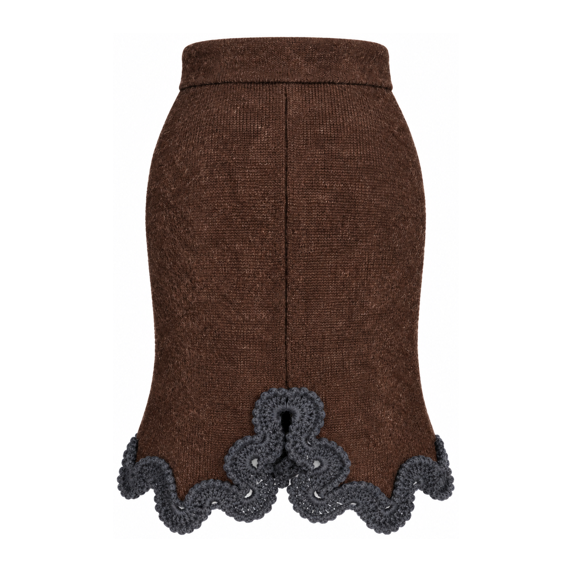 Back view of the Francisca BAROQUE skirt in Chocolate Brown, featuring an elegant back slit adorned with intricate Anthracite Grey hand-crocheted Baby Alpaca lace.