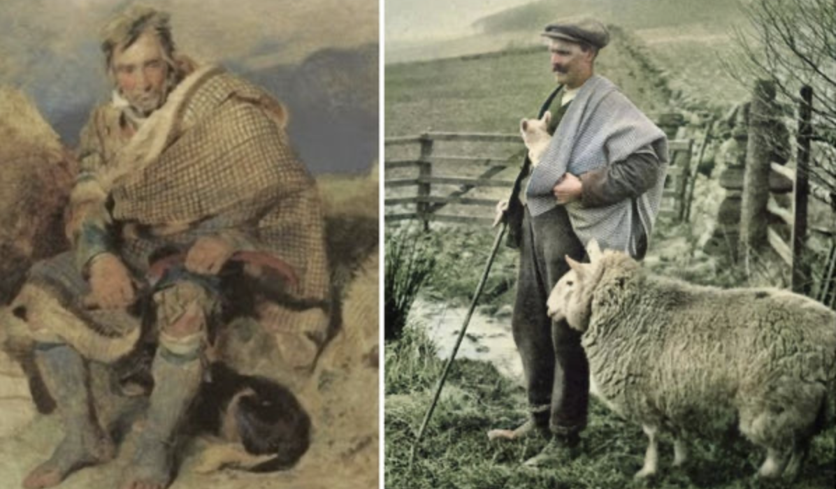 Scottish shepherd wearing early houndstooth patterned wool cloth in rural landscapes