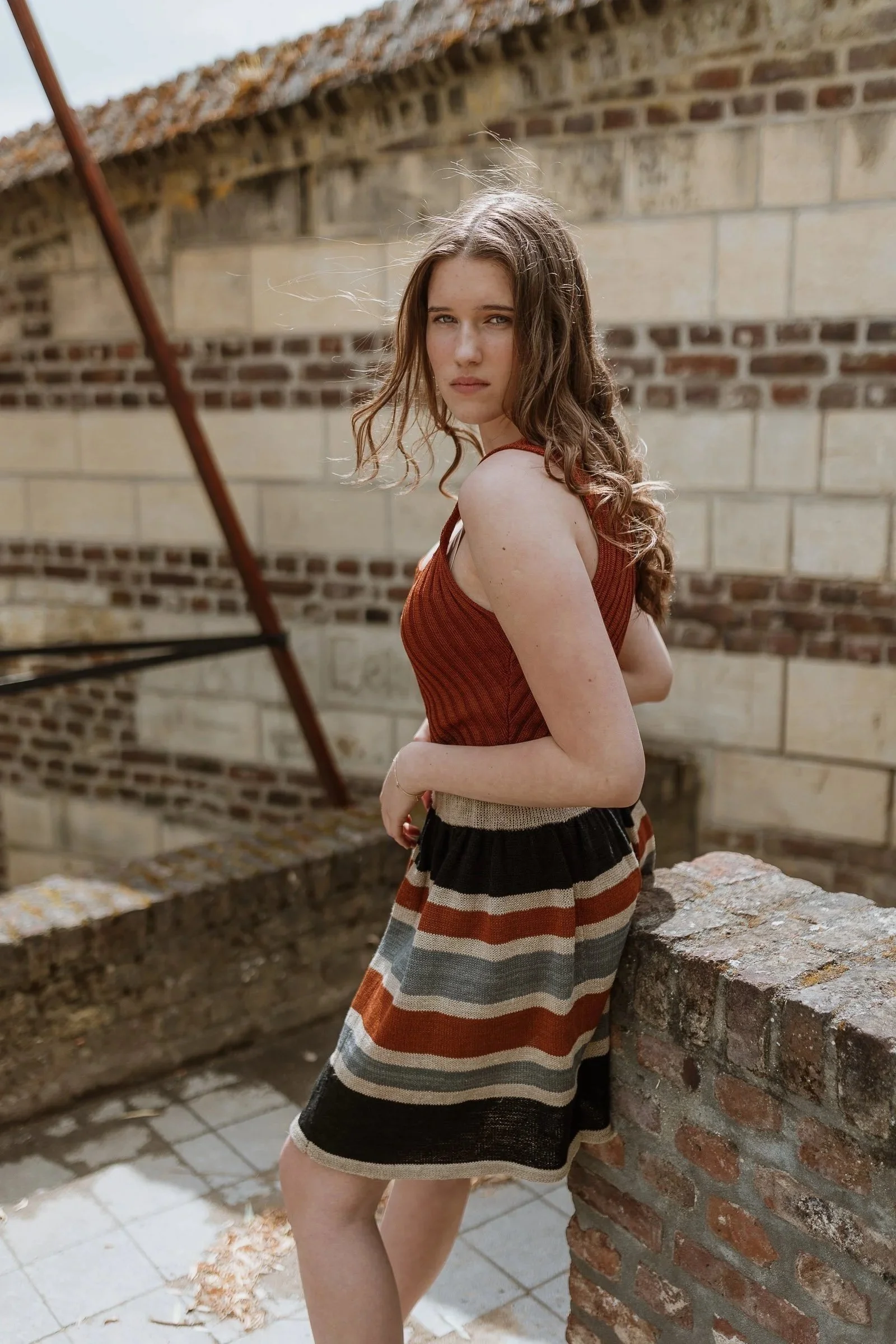 Multi Colour Striped Linen Blend Swirly Knee Length Skirt in Natural Colours Side View