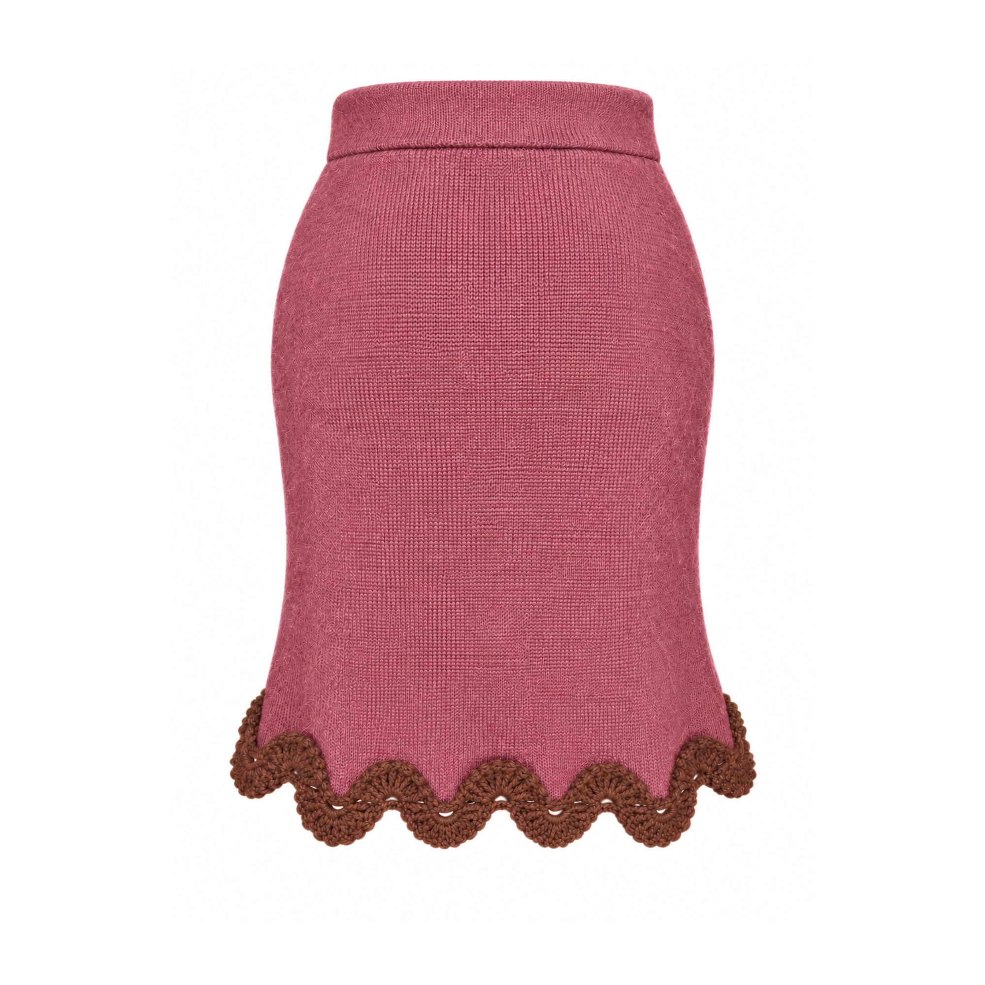 Studio Myr Eleonora Skirt from the BAROQUE collection, front view in Dusty Rose Extra Fine Merino wool with Hazel Brown hand-crocheted Baby Alpaca lace hem.