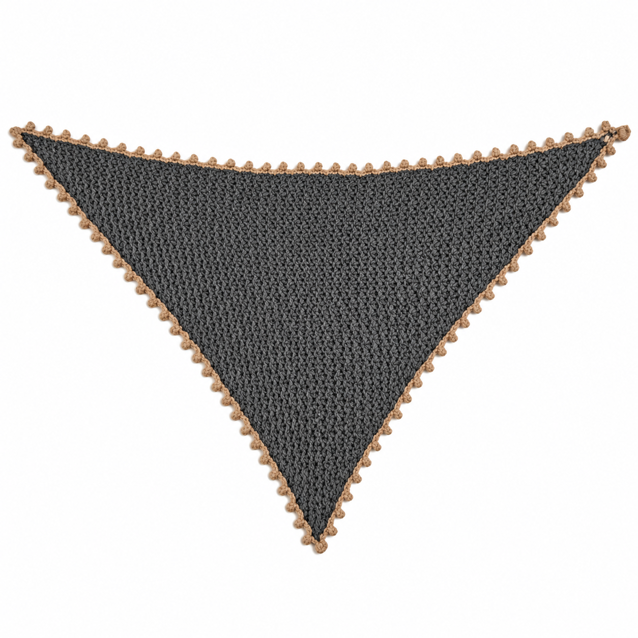 Gabriella triangular scarf in reversed colours, featuring grey Extra Fine Merino knit with contrasting beige hand-crocheted Baby Alpaca picot edging.