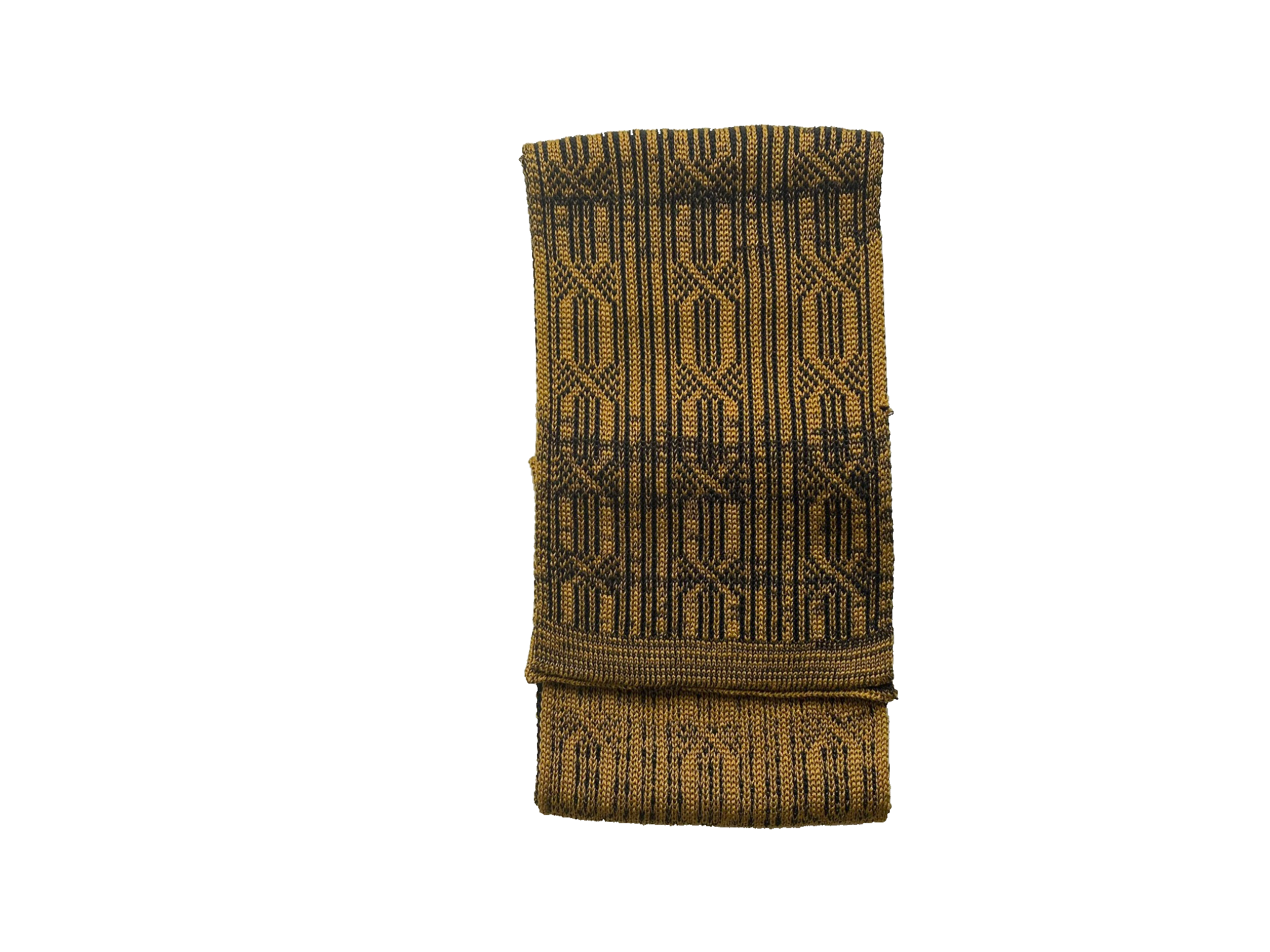 Folded Wood scarf from the Elements collection, featuring a refined graphic pattern in mustard and black.png