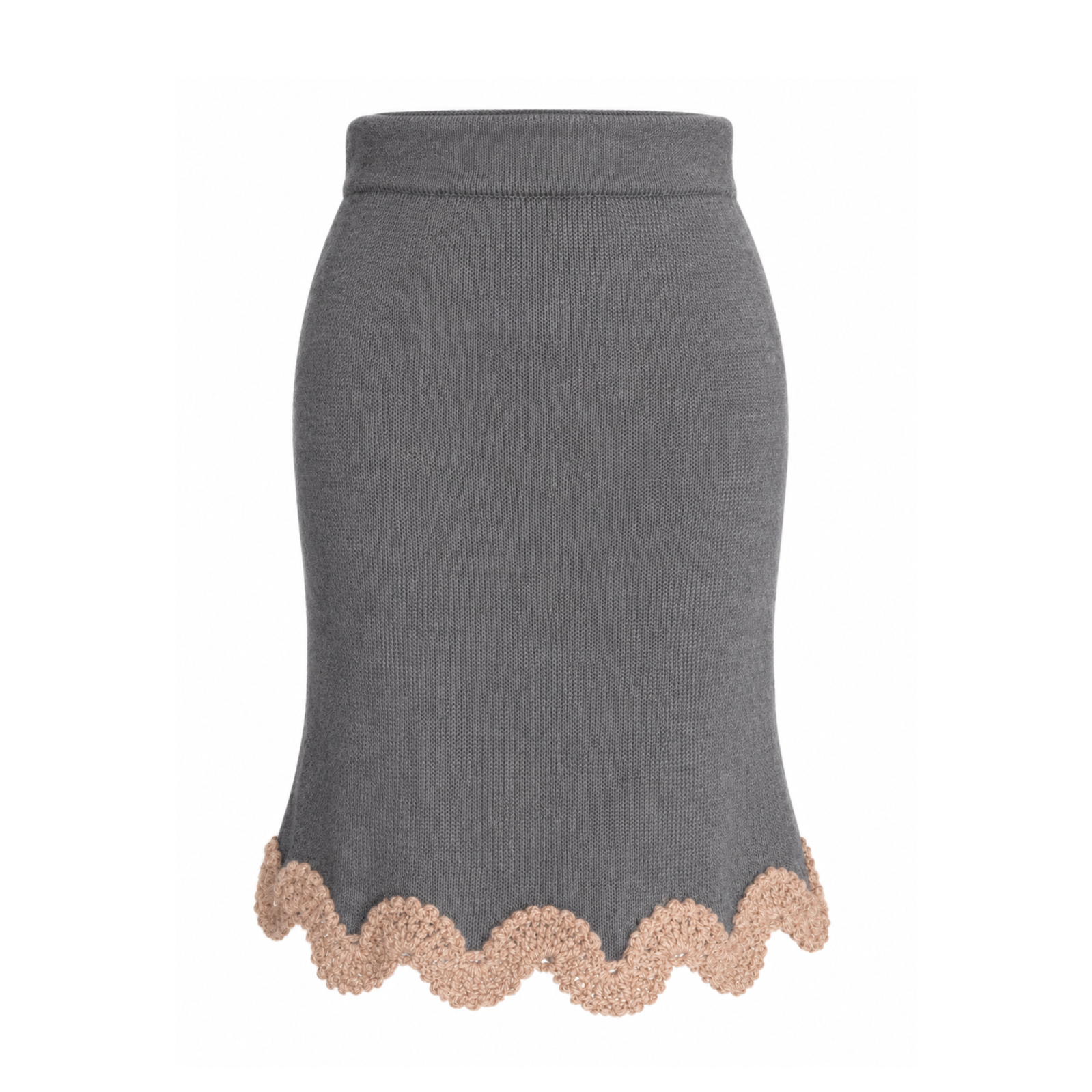 Front view of the Gabriella BAROQUE skirt by Studio Myr in Grey Extra Fine Merino Wool, finished with a delicate Beige hand-crocheted Baby Alpaca lace hem and elasticated waistband.