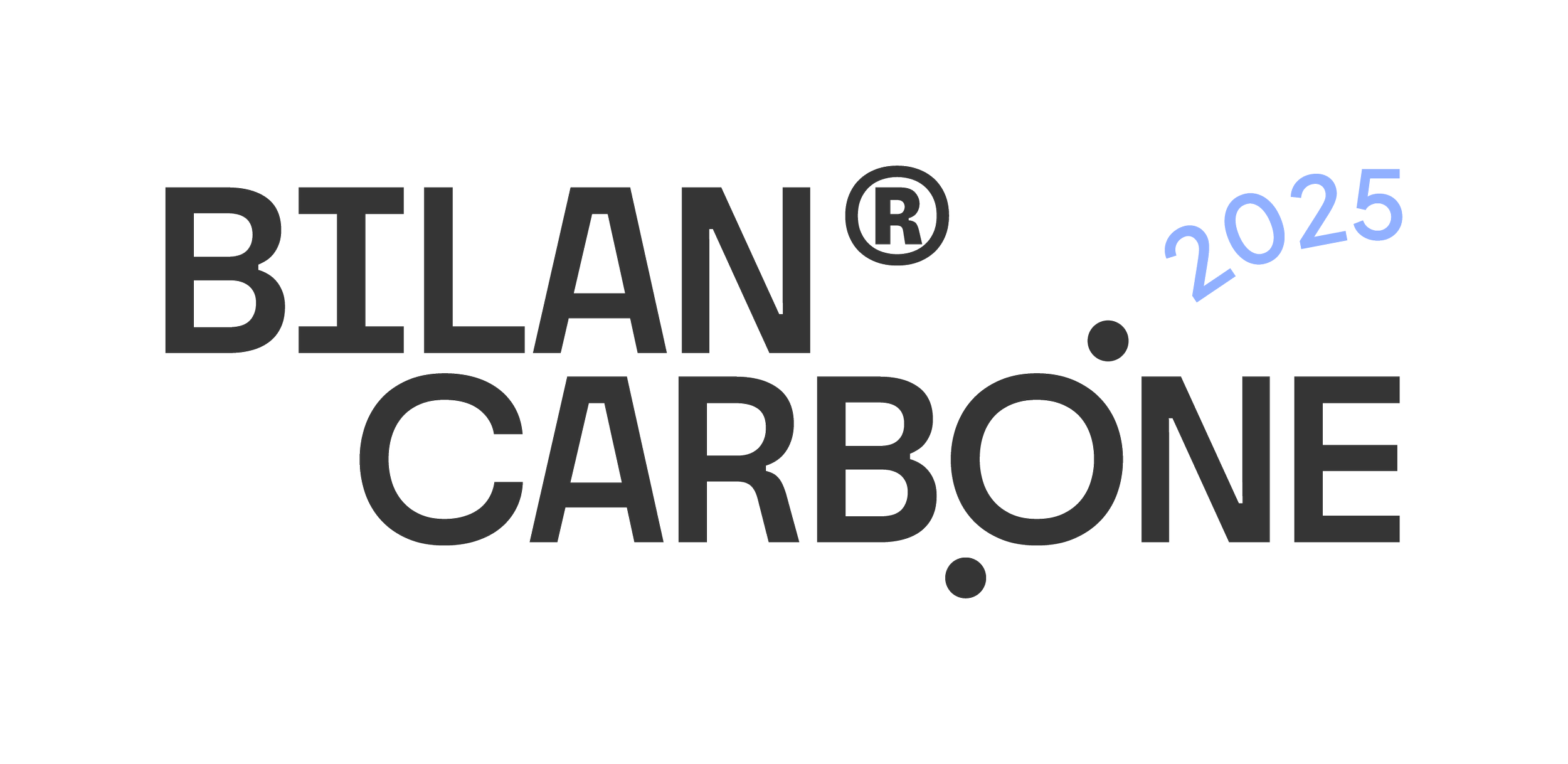 Logo du bilan carbone 2023 avec le texte 'BILAN®' en noir, '2023' en bleu, et 'CARBONE' en gris foncé, sur fond transparent.