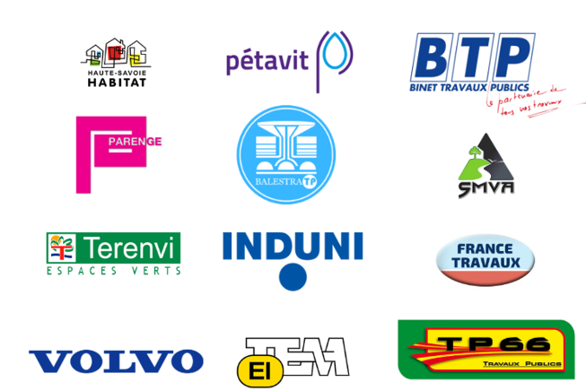Logo d'une collection d'entreprises et d'organisations françaises, notamment Haute-Savoie Habitat, Pétavit, BTP Binet Travaux Publics, Parenge, BALESTRA TP, SMVA, Terenvi espaces verts, INDUNI, France Travaux, Volvo, Eif, et TSG Travaux Publics.