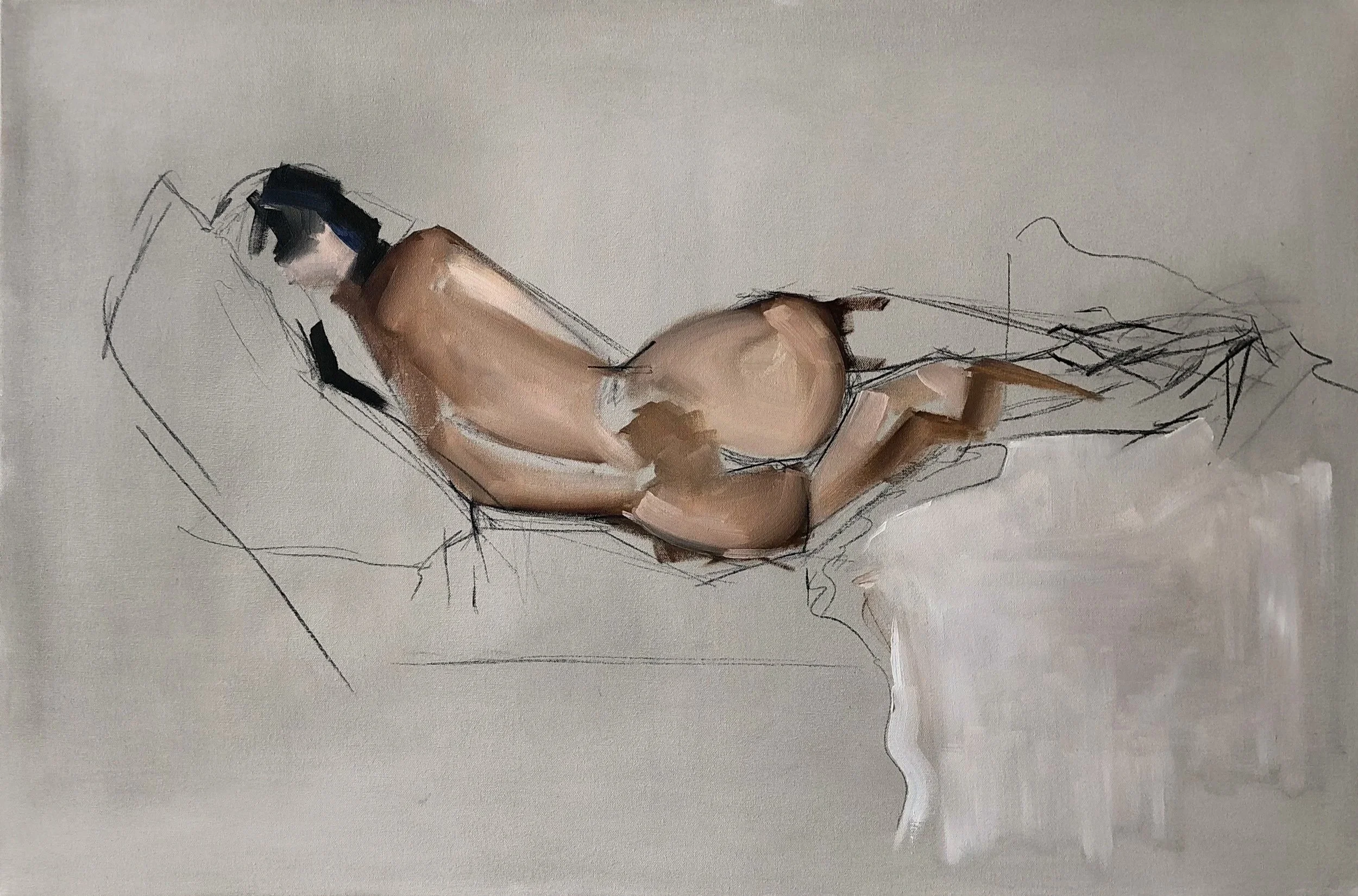 Painting titled 'Original Nude' by artist Teniqua Crawford of naked nude reclining with back to artist