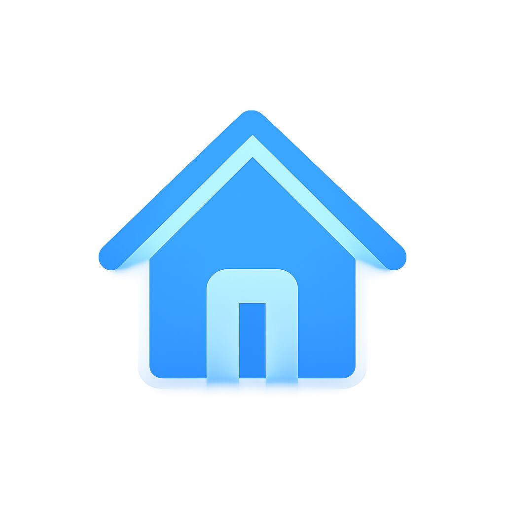 Blue house icon with a pitched roof and a door, set against a black background.