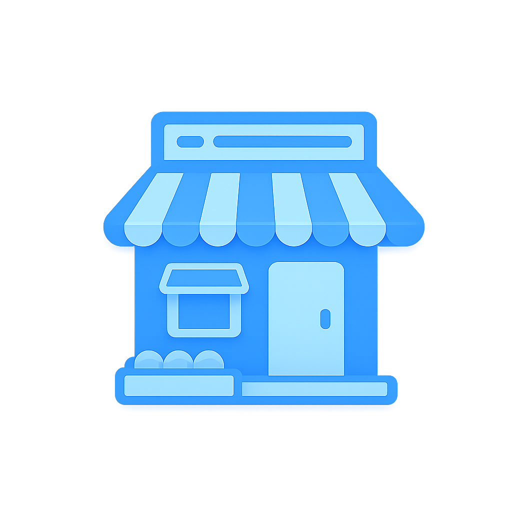 Digital illustration of a storefront with a striped awning, a window with a small awning, and a door, depicted in shades of blue.