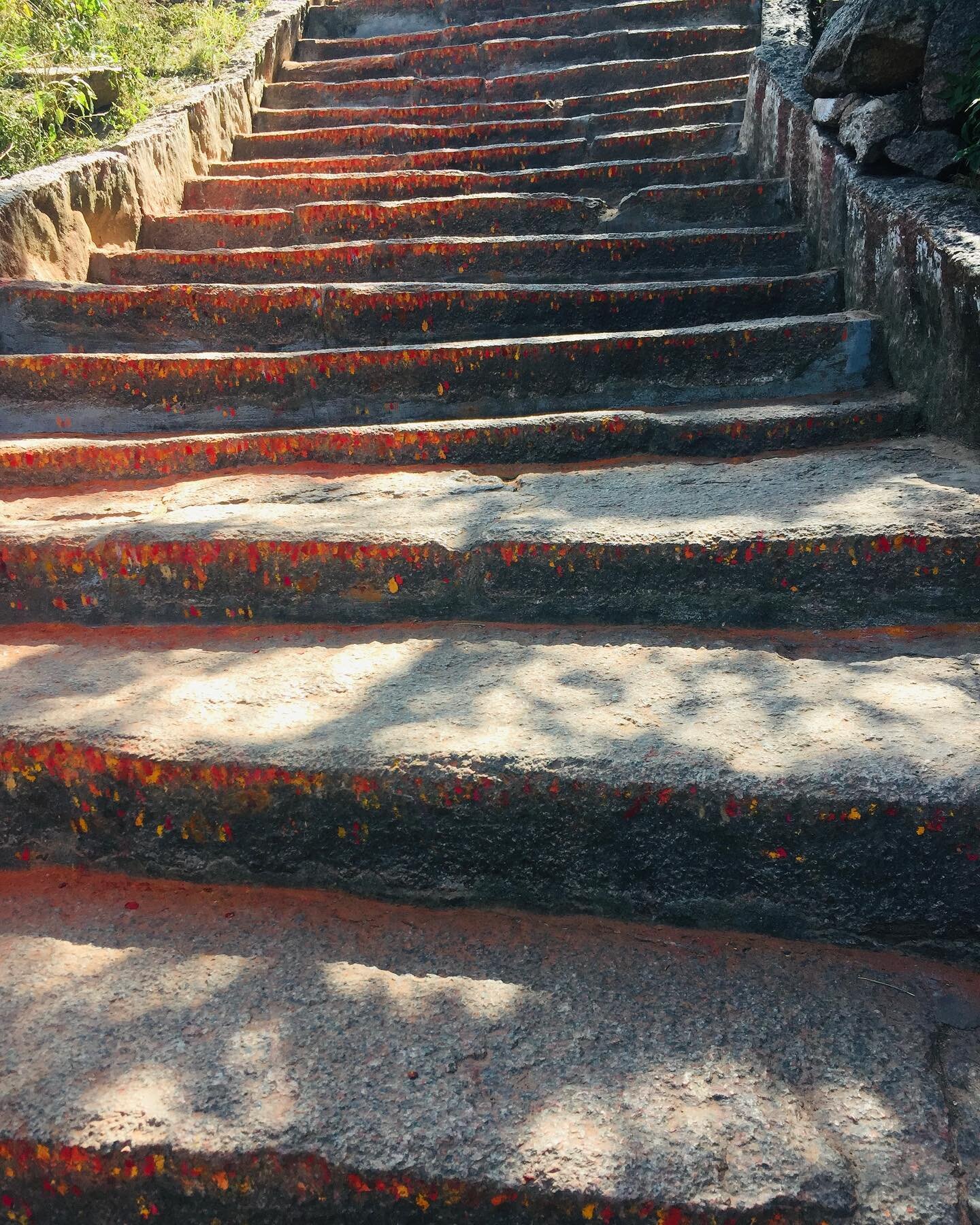 Devotion &amp; Practice.

1008 steps to the Chamundeshwari Temple in Mysore. Devotees smear vermilion and tumeric powder on each step as a tribute to the gods.
The stairs lead to the top of the hill which is held to be the site where the goddes Cāmuṇ
